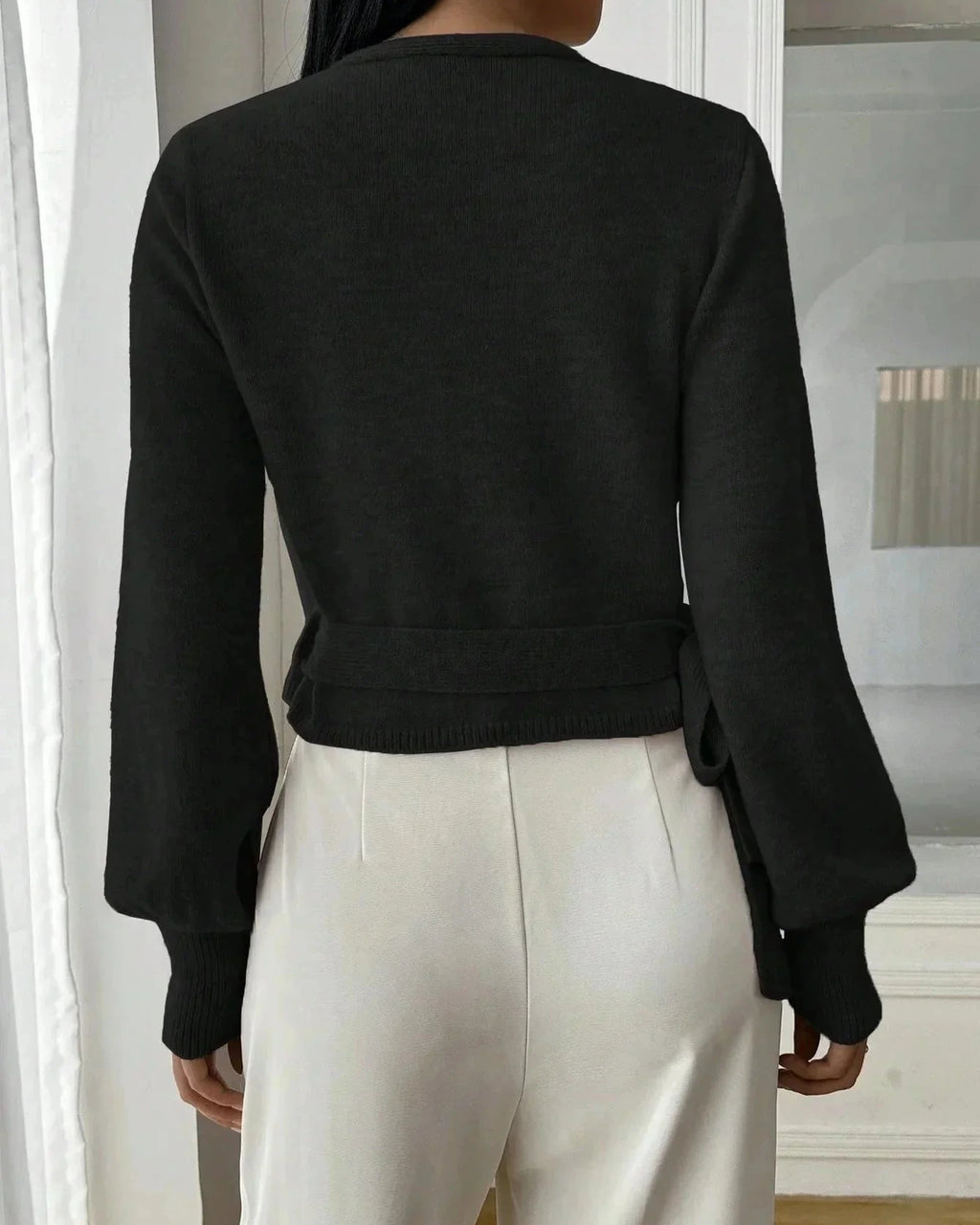 Women's Cropped Knit Wrap Front V-Neck Jumper with Tie Waist Detail – Pippa Lou