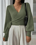 Women's Cropped Knit Wrap Front V-Neck Jumper with Tie Waist Detail – Pippa Lou