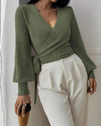 Women's Cropped Knit Wrap Front V-Neck Jumper with Tie Waist Detail – Pippa Lou