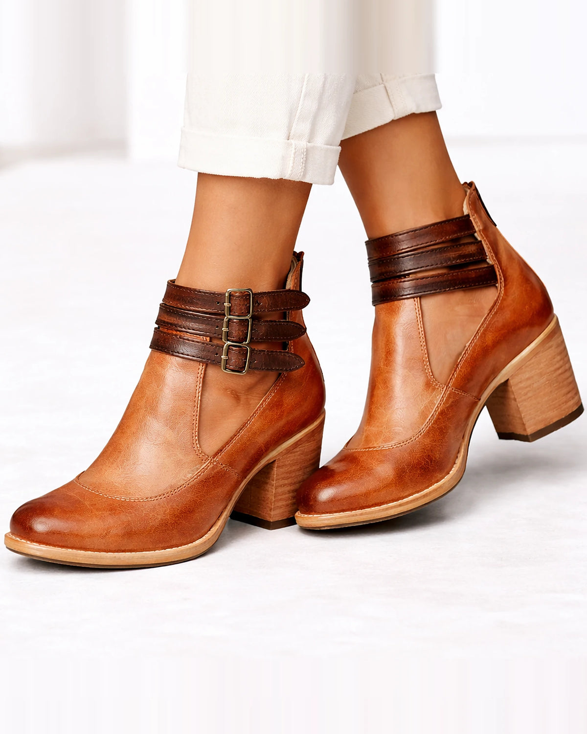 Women's Cut-Out Heeled Ankle Boots with Triple Buckle Strap and Block Heel – Carmen