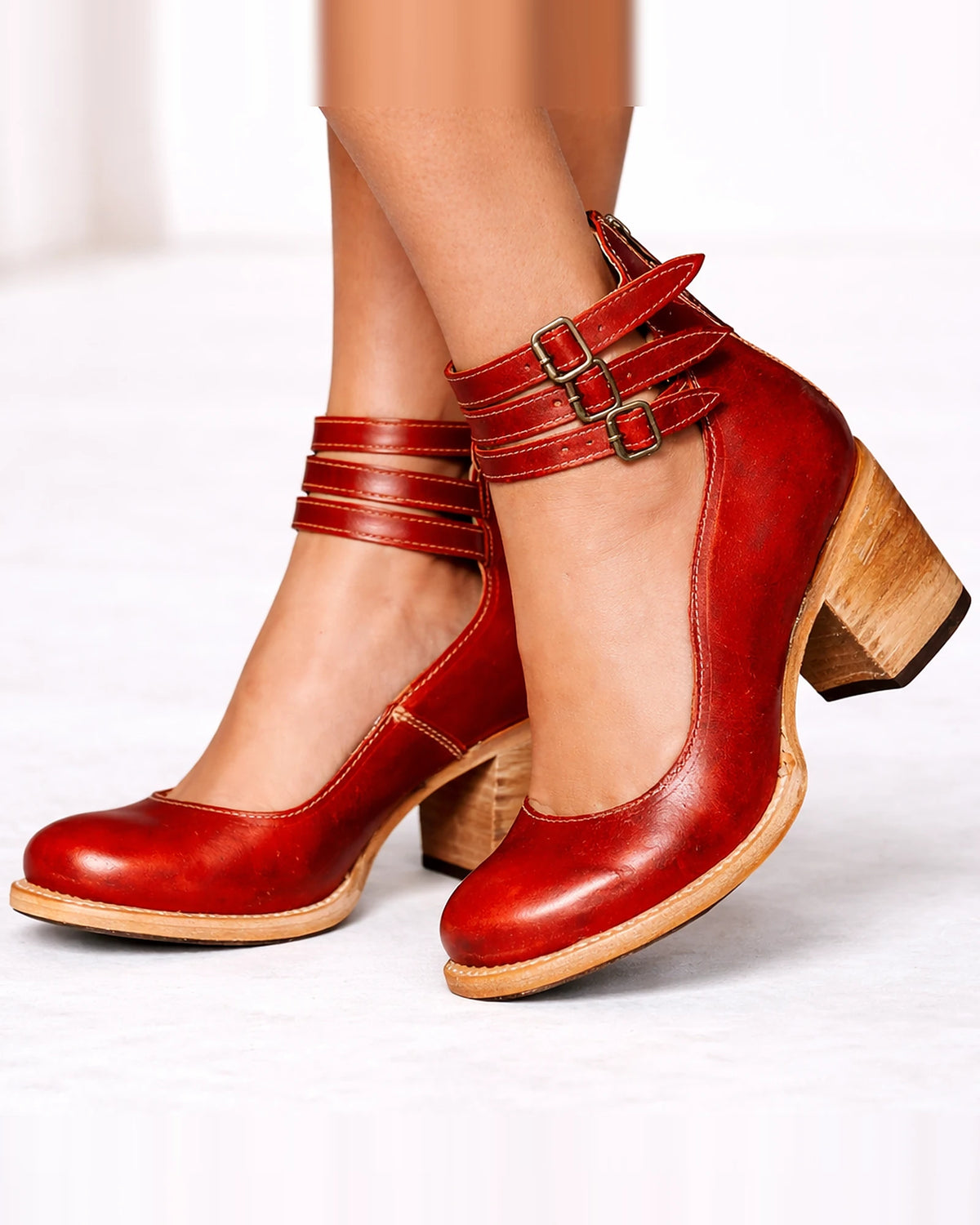 Women's Cut-Out Heeled Ankle Boots with Triple Buckle Strap and Block Heel – Carmen