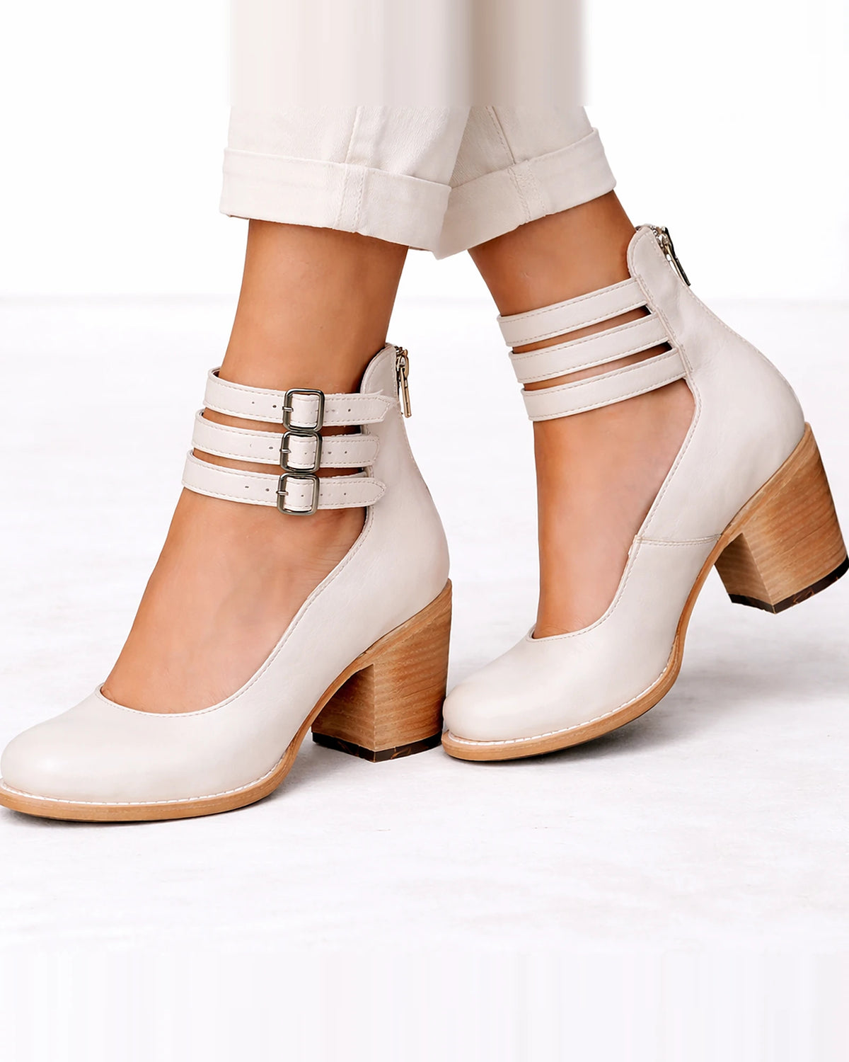 Women's Cut-Out Heeled Ankle Boots with Triple Buckle Strap and Block Heel – Carmen