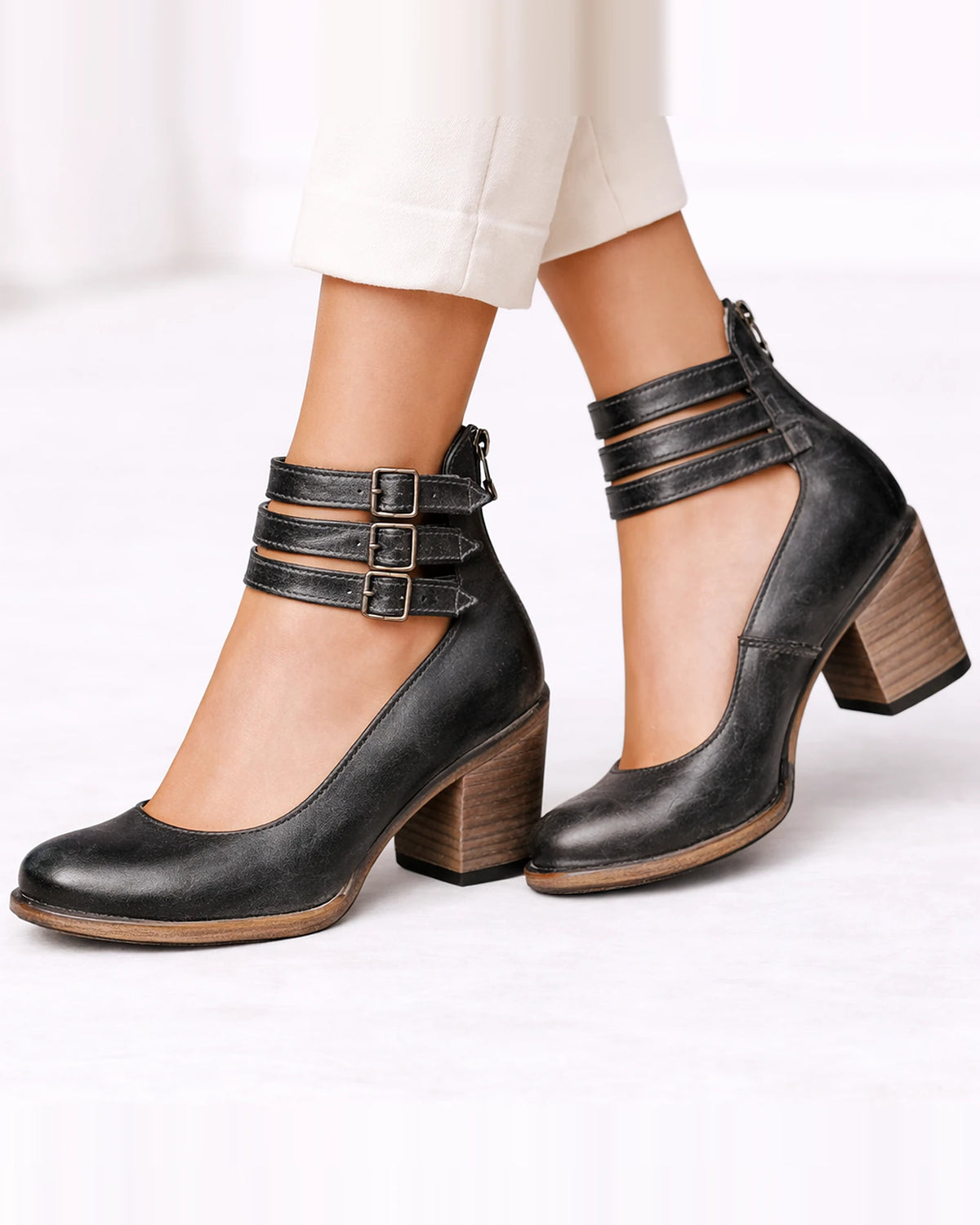 Women's Cut-Out Heeled Ankle Boots with Triple Buckle Strap and Block Heel – Carmen