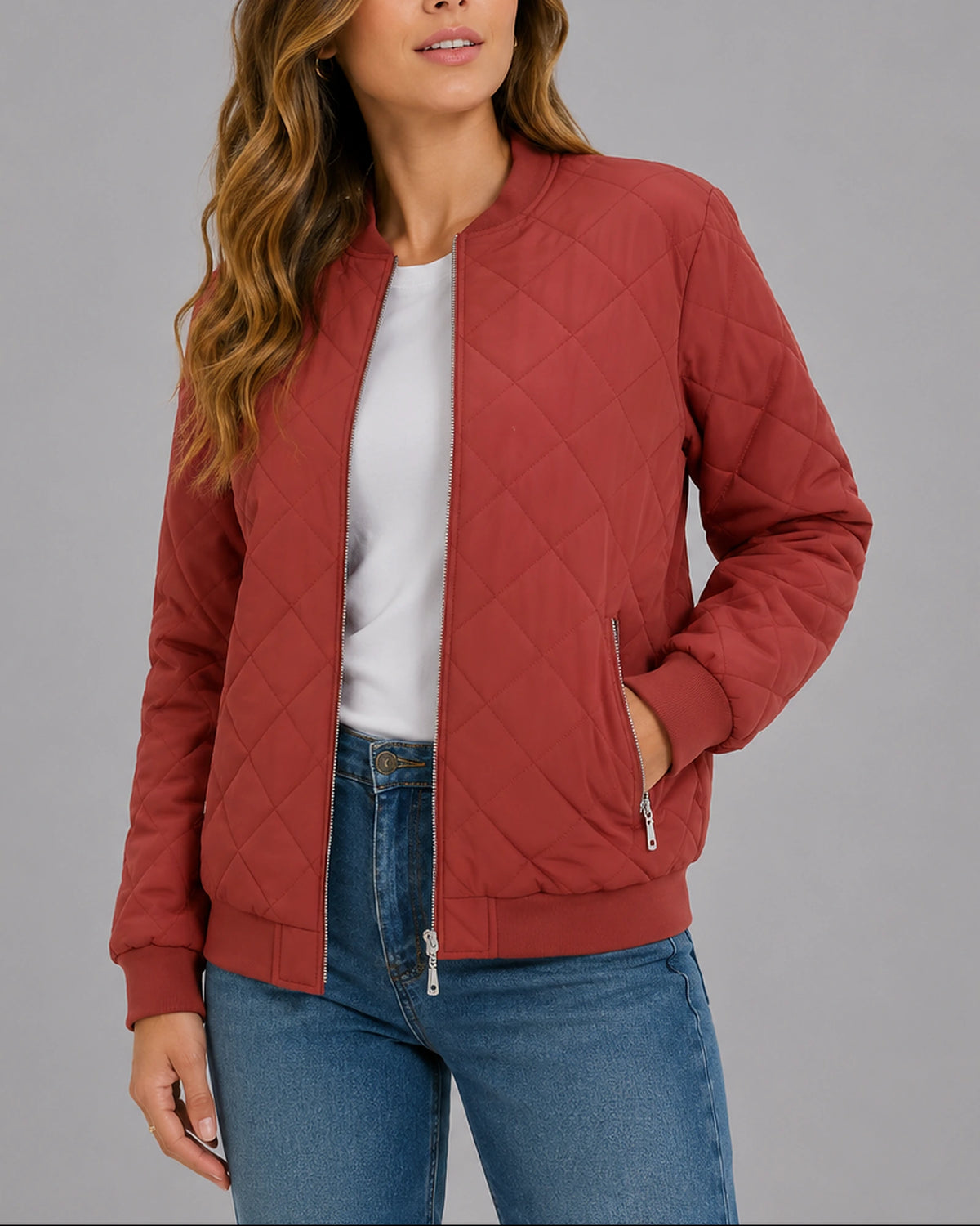 Women's Diamond Quilted Bomber Jacket with Ribbed Cuffs and Zip Pockets – Alba
