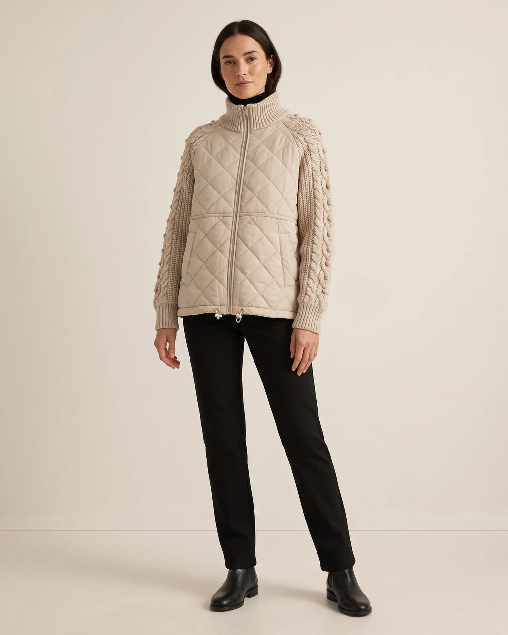 Women's Quilted Jacket with Cable Knit Sleeves and Funnel Neck Collar – Paloma