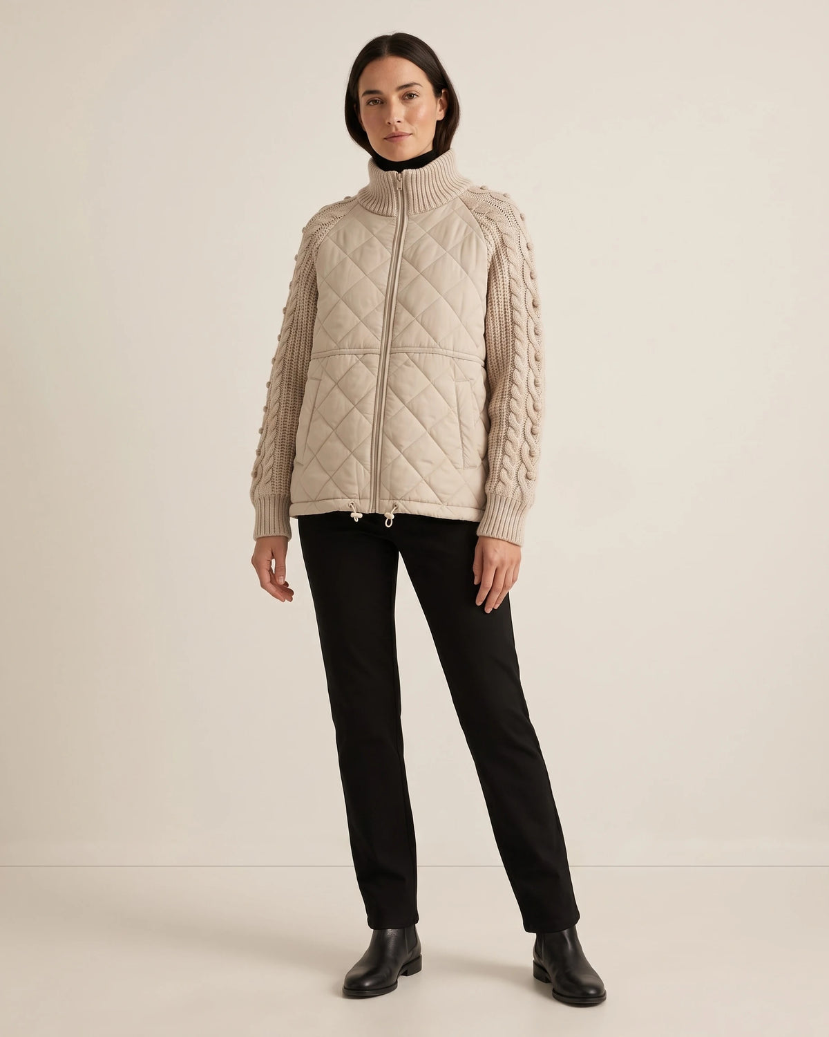 Women's Quilted Jacket with Cable Knit Sleeves and Funnel Neck Collar – Paloma