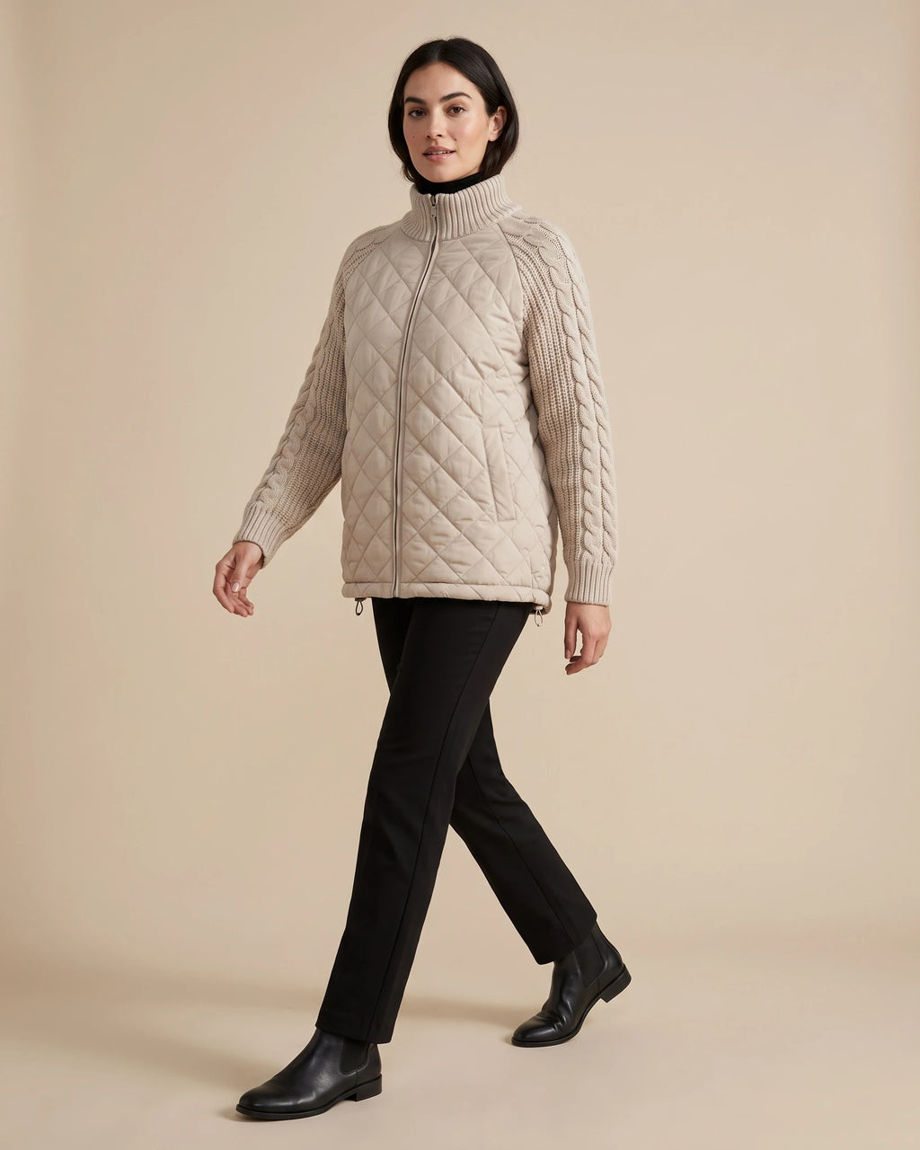 Women's Quilted Jacket with Cable Knit Sleeves and Funnel Neck Collar – Paloma