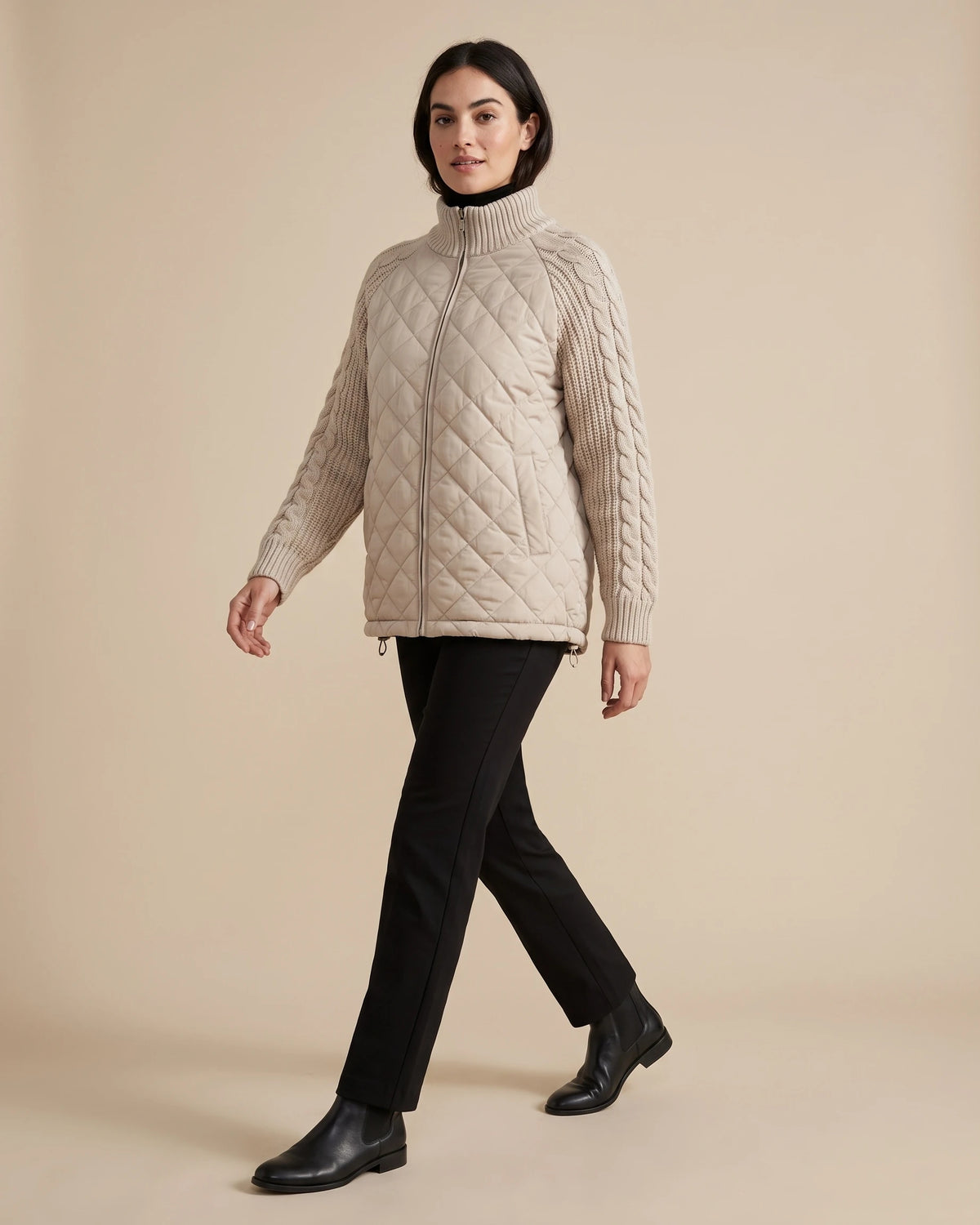 Women's Quilted Jacket with Cable Knit Sleeves and Funnel Neck Collar – Paloma