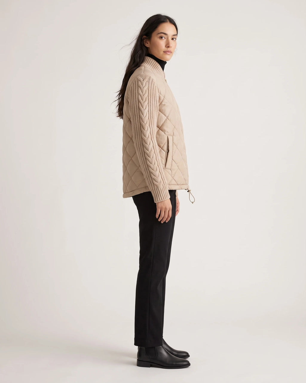 Women's Quilted Jacket with Cable Knit Sleeves and Funnel Neck Collar – Paloma
