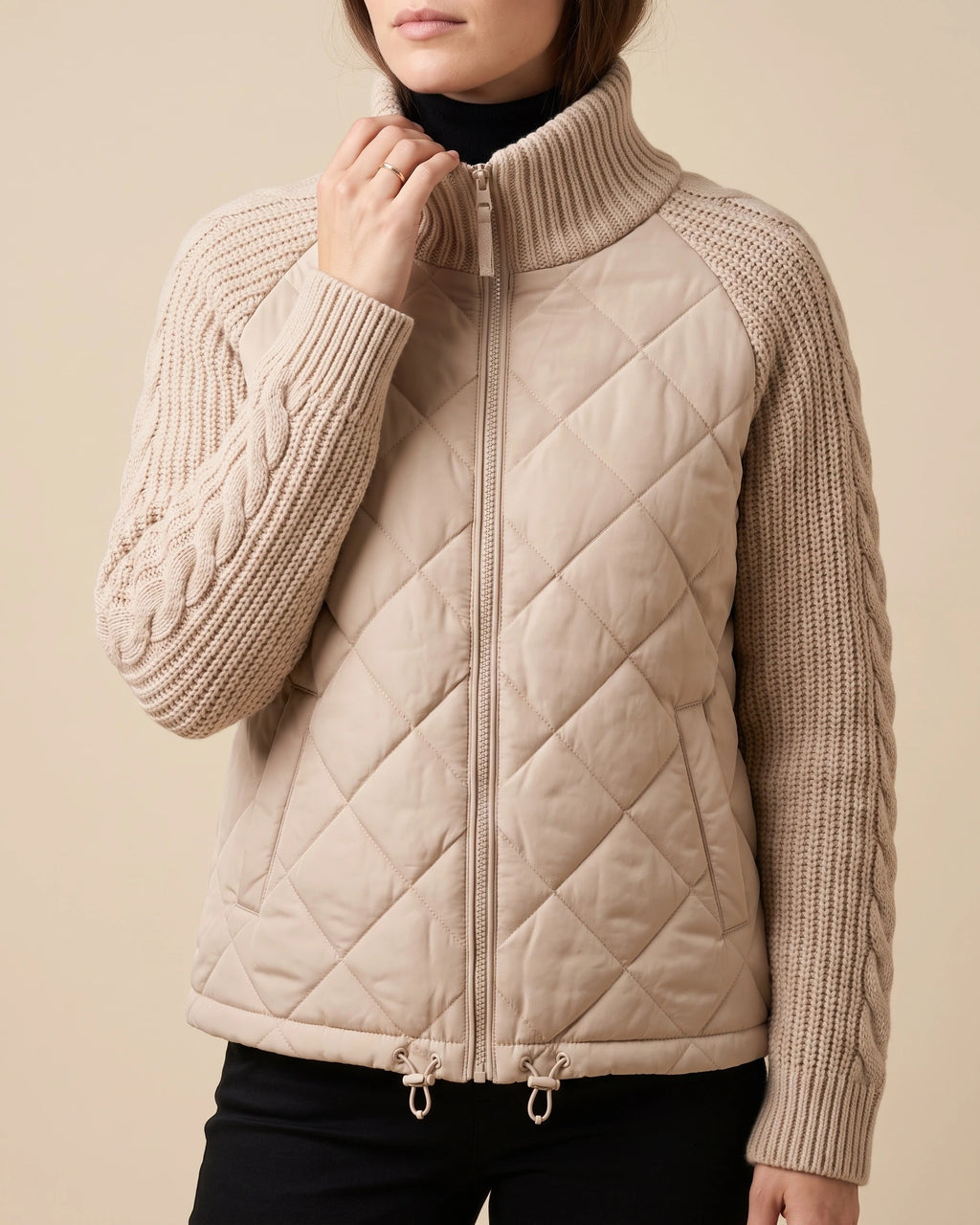 Women's Quilted Jacket with Cable Knit Sleeves and Funnel Neck Collar – Paloma