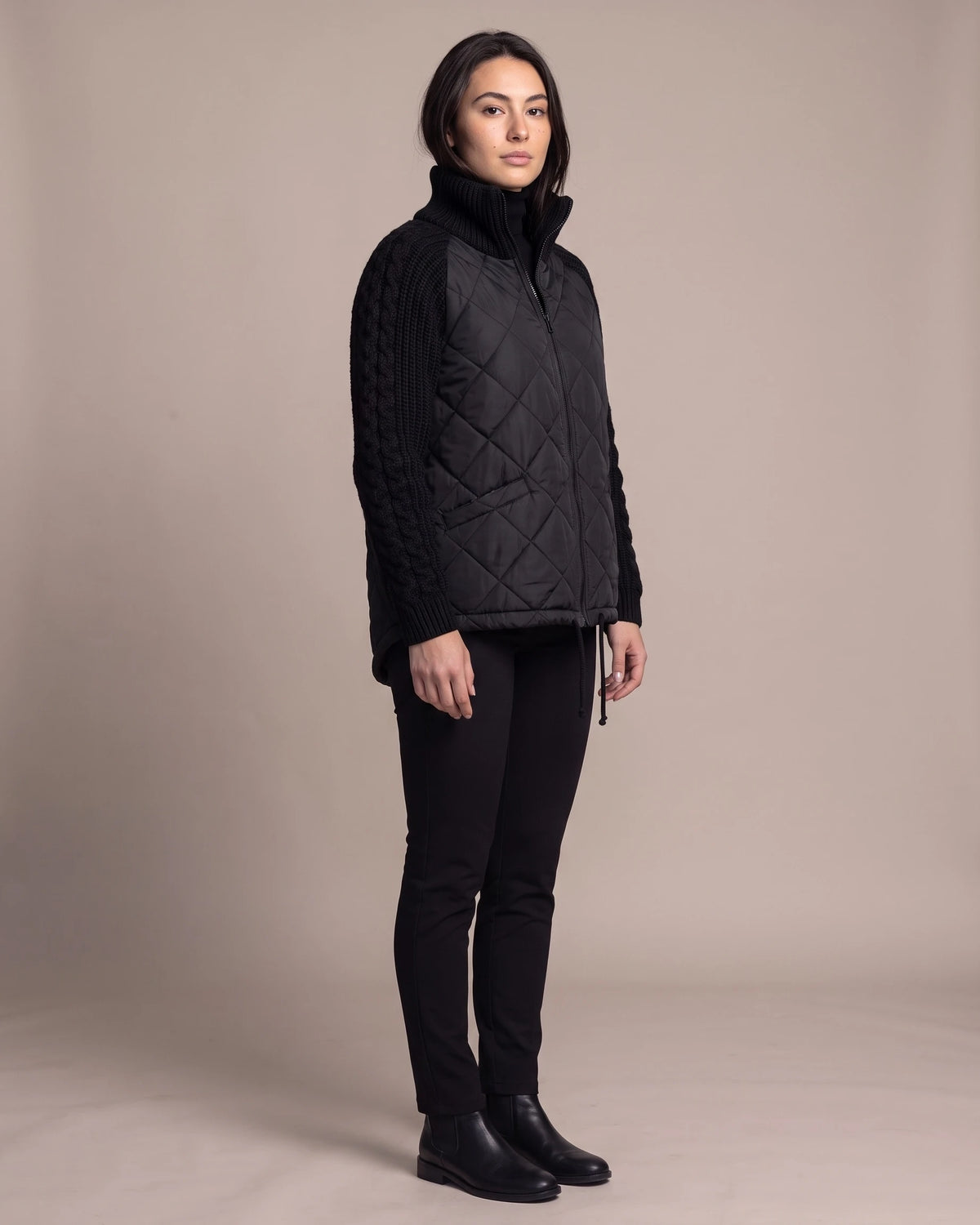 Women's Quilted Jacket with Cable Knit Sleeves and Funnel Neck Collar – Paloma