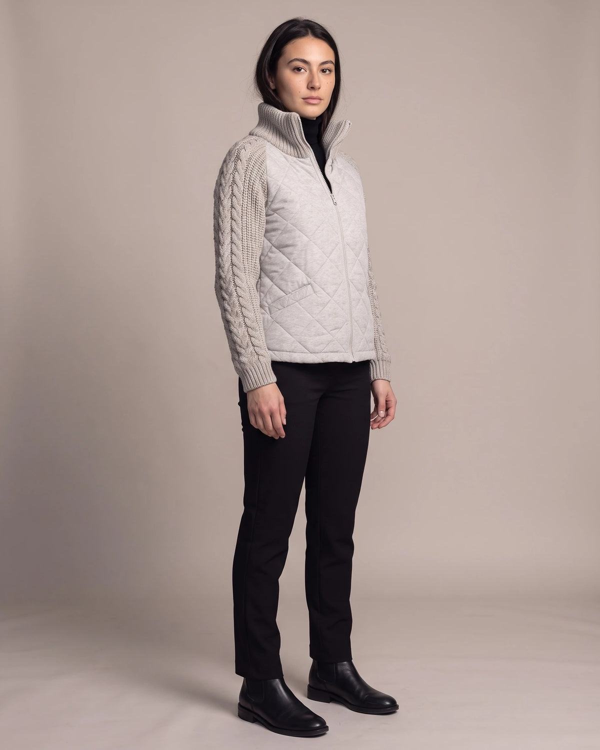 Women's Quilted Jacket with Cable Knit Sleeves and Funnel Neck Collar – Paloma