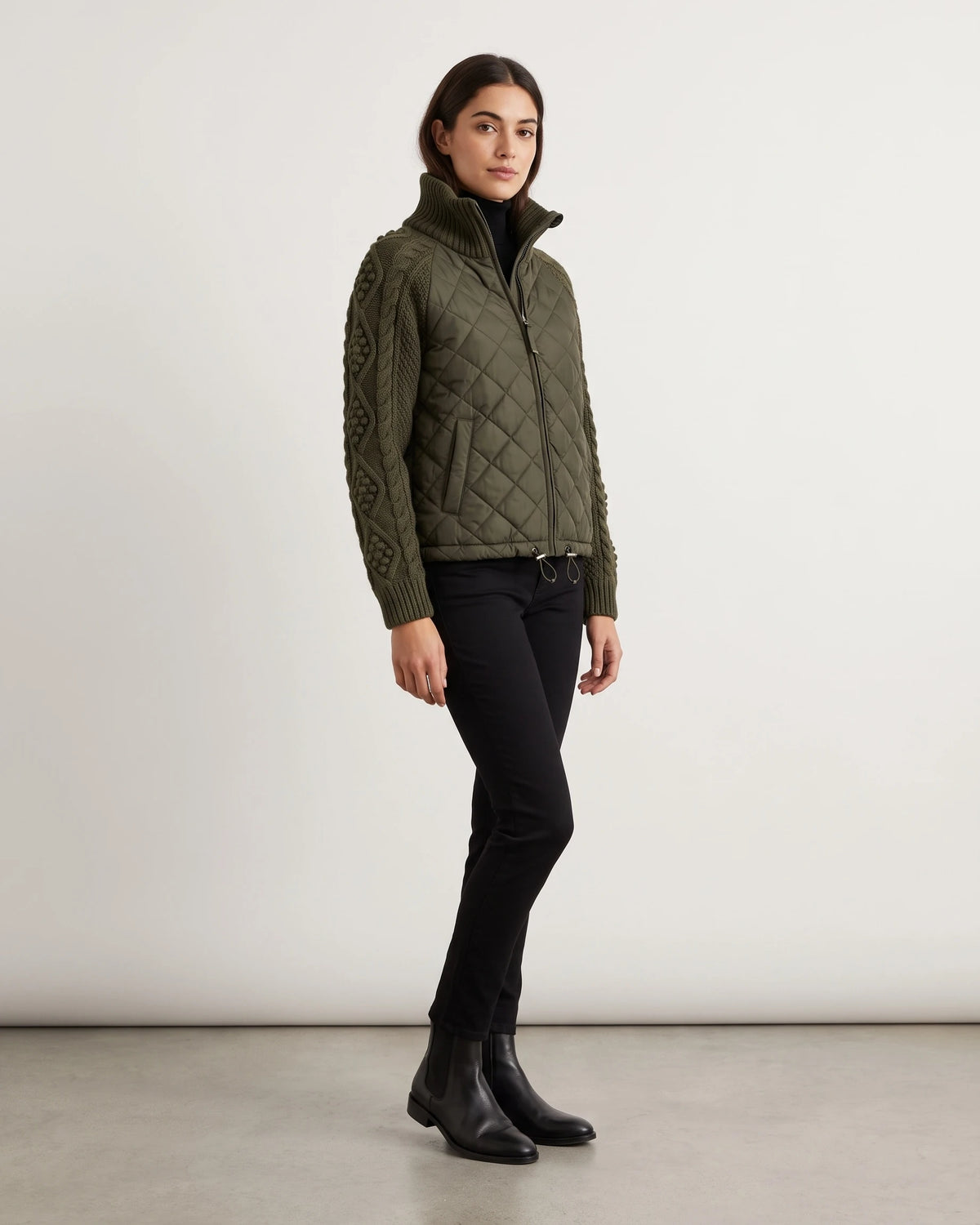 Women's Quilted Jacket with Cable Knit Sleeves and Funnel Neck Collar – Paloma
