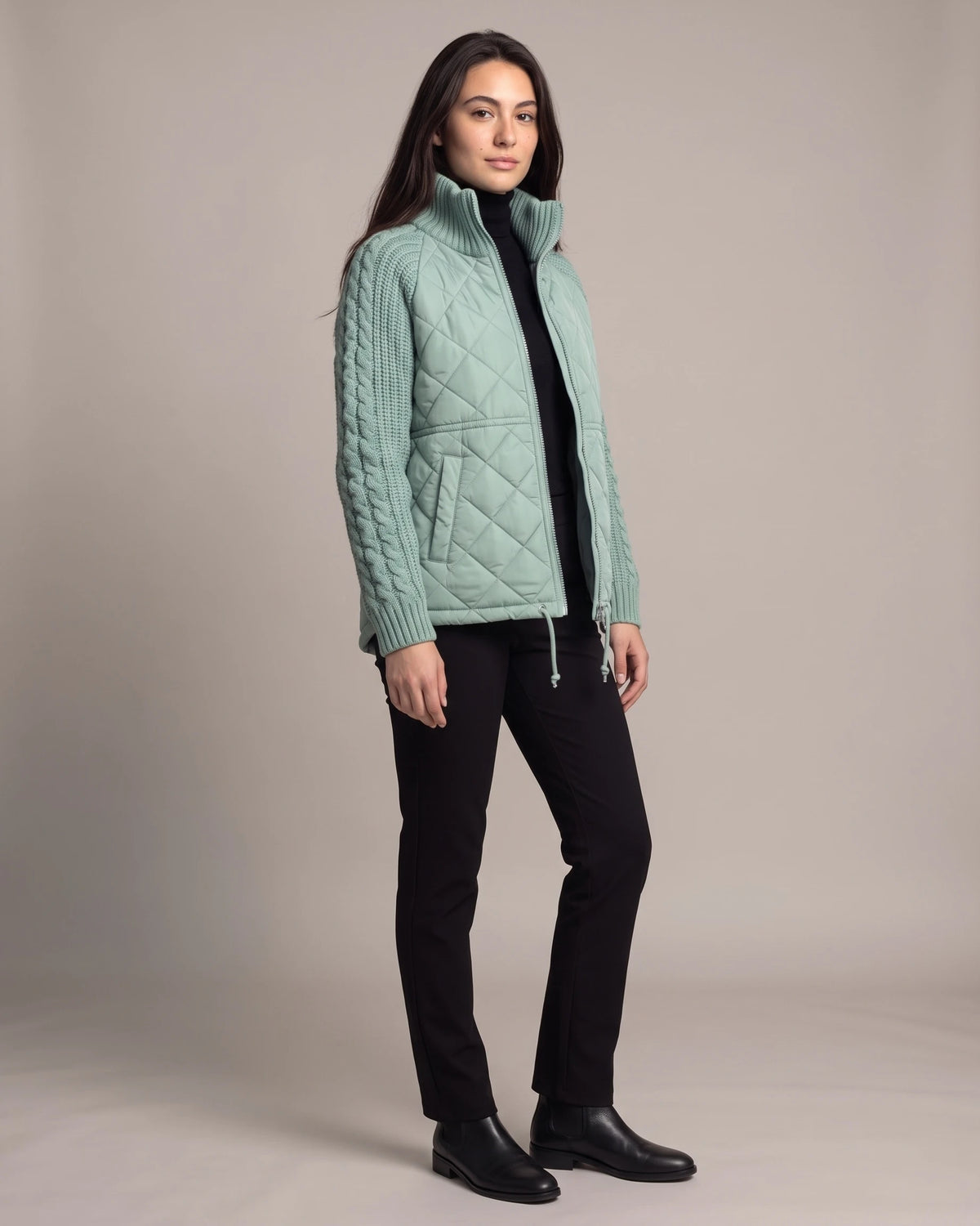 Women's Quilted Jacket with Cable Knit Sleeves and Funnel Neck Collar – Paloma