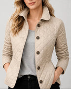 Women's Quilted Jacket with Stand Collar and Check-Print Cuffs – Kitty