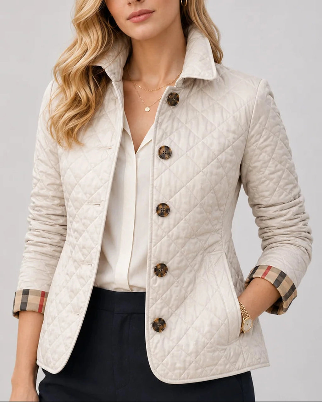Women's Quilted Jacket with Stand Collar and Check-Print Cuffs – Kitty