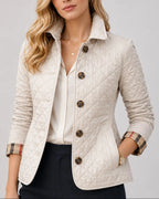 Women's Quilted Jacket with Stand Collar and Check-Print Cuffs – Kitty