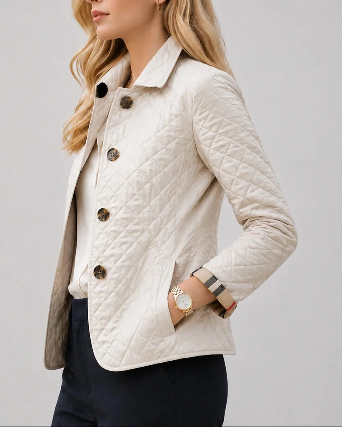 Women's Quilted Jacket with Stand Collar and Check-Print Cuffs – Kitty