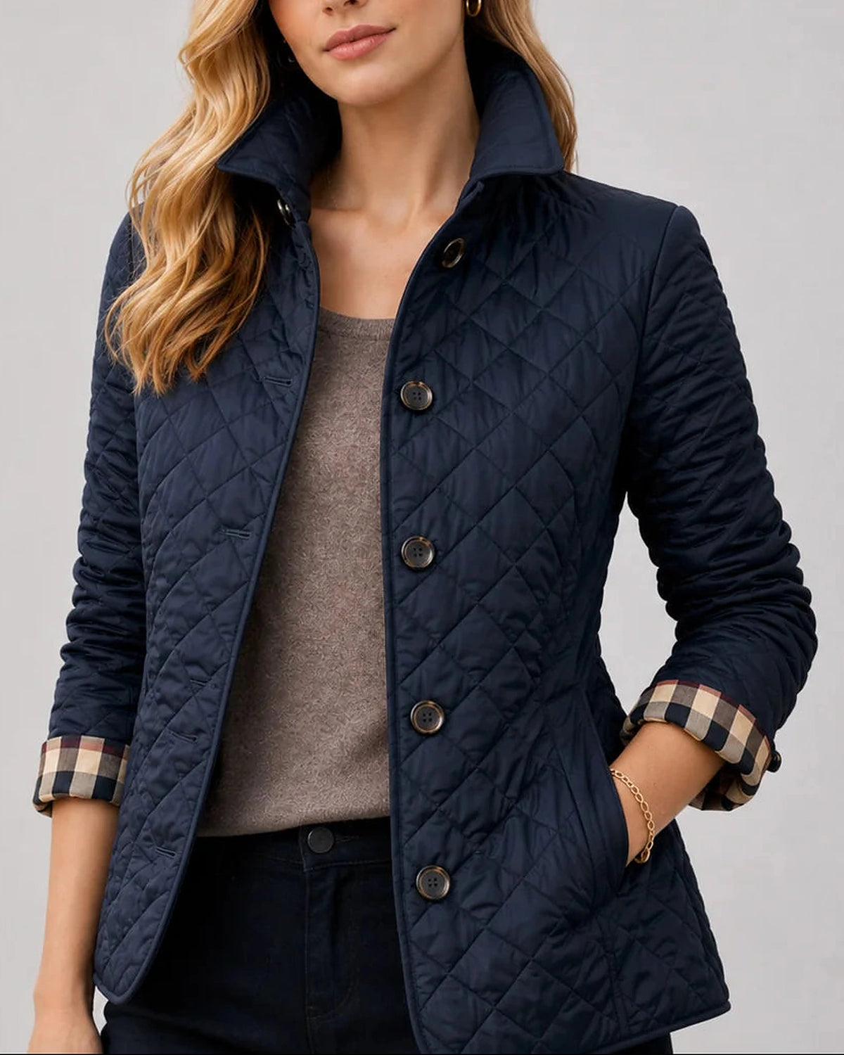 Women's Quilted Jacket with Stand Collar and Check-Print Cuffs – Kitty