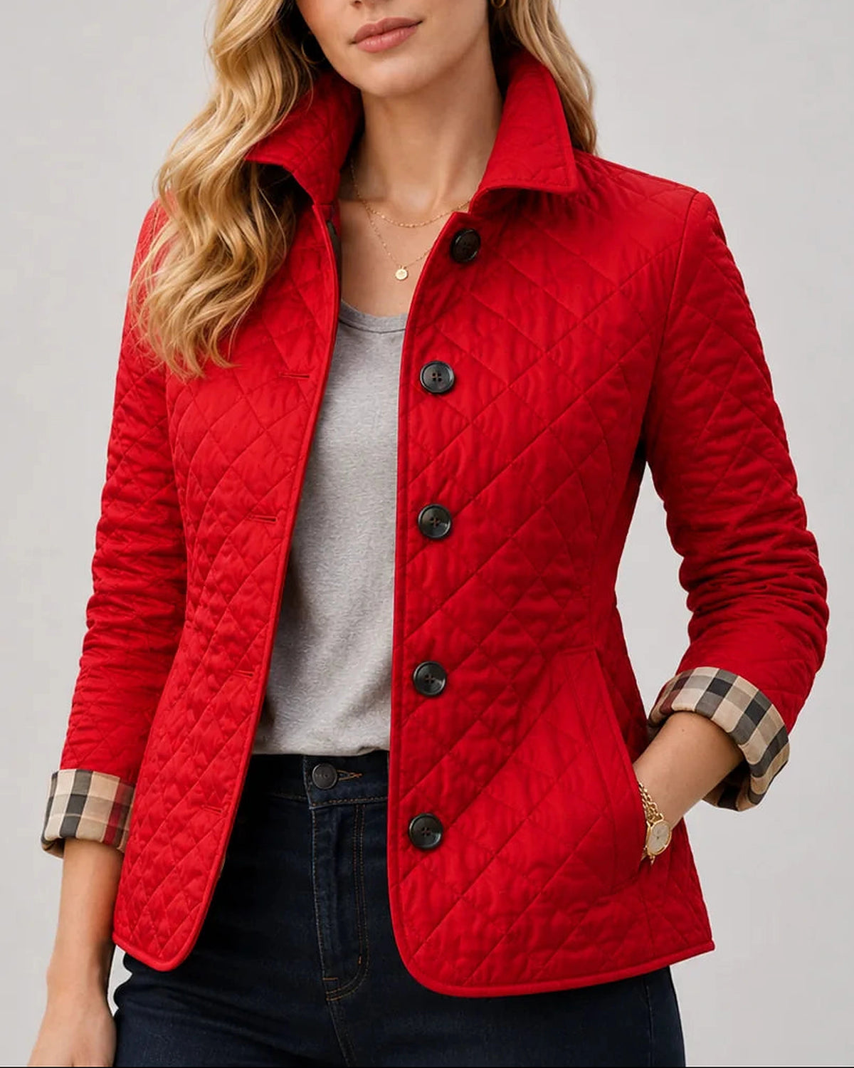 Women's Quilted Jacket with Stand Collar and Check-Print Cuffs – Kitty