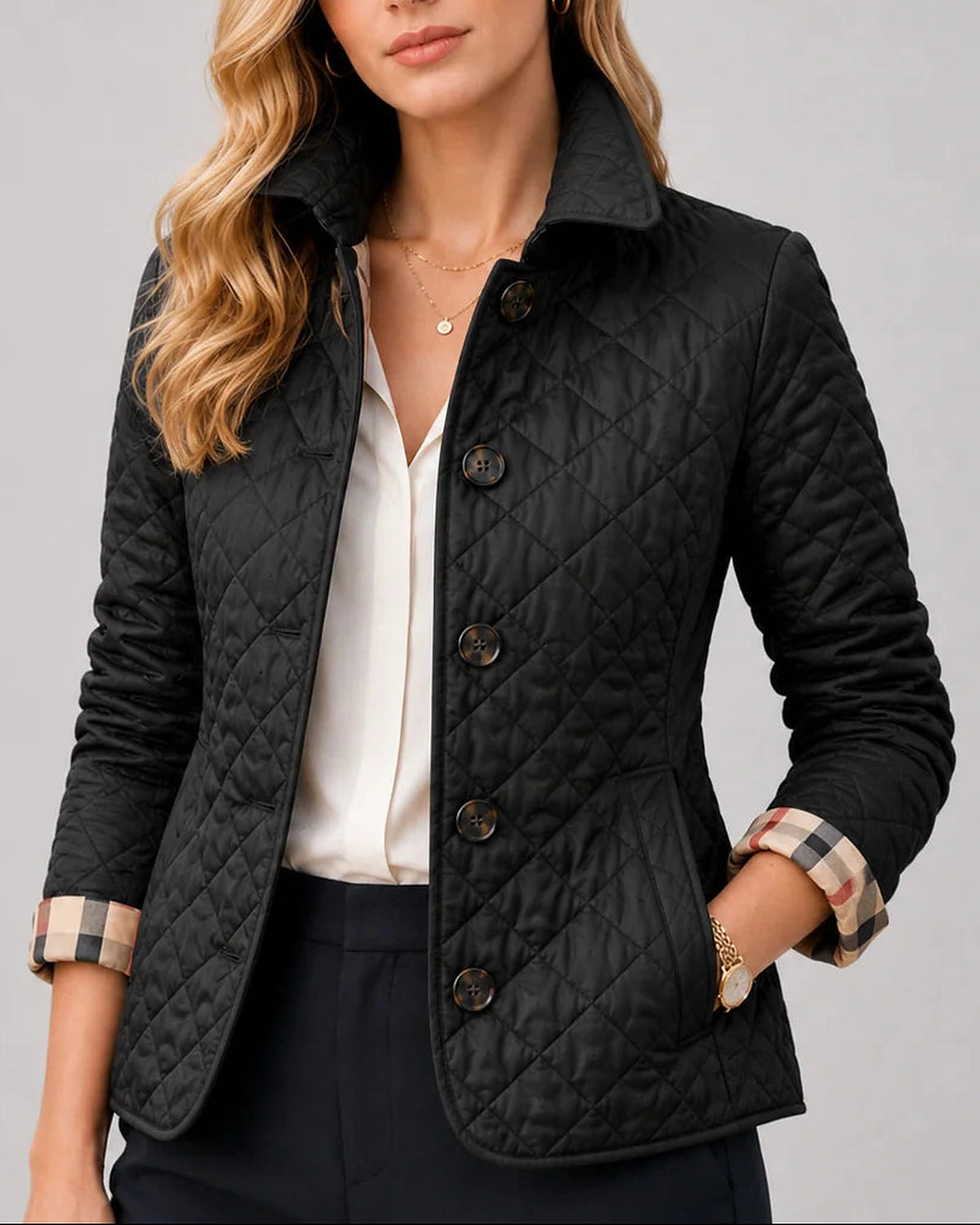 Women's Quilted Jacket with Stand Collar and Check-Print Cuffs – Kitty