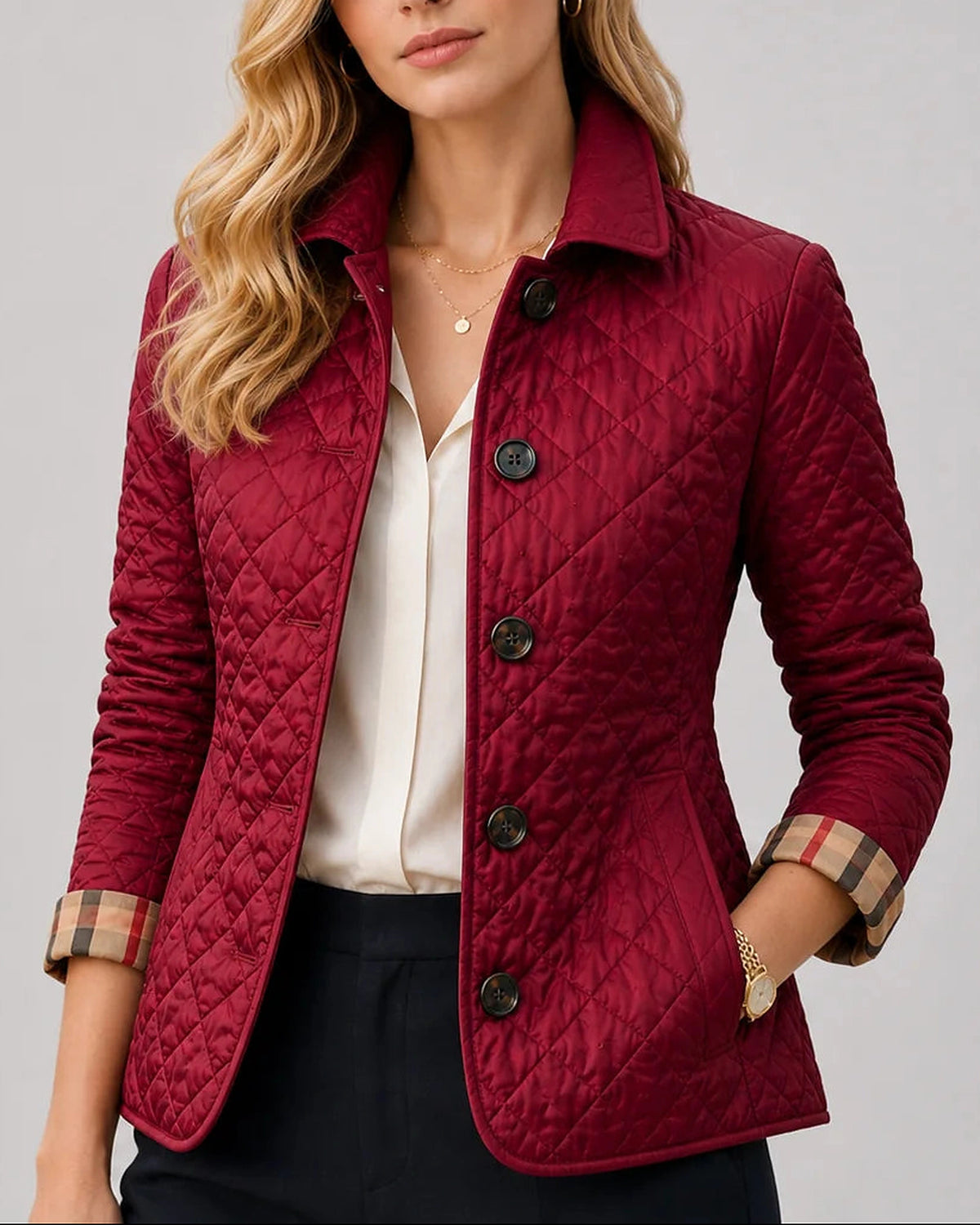 Women's Quilted Jacket with Stand Collar and Check-Print Cuffs – Kitty
