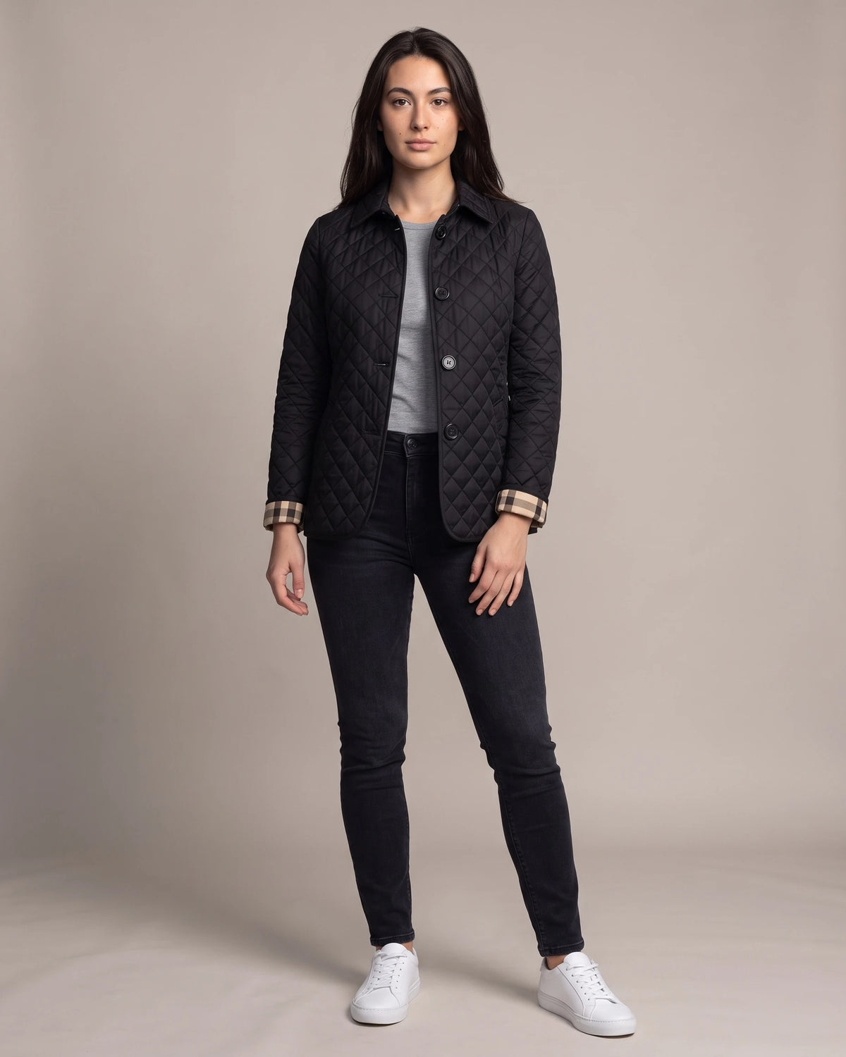Women's Quilted Jacket, Lightweight with Check Lining and Funnel Collar – Coco