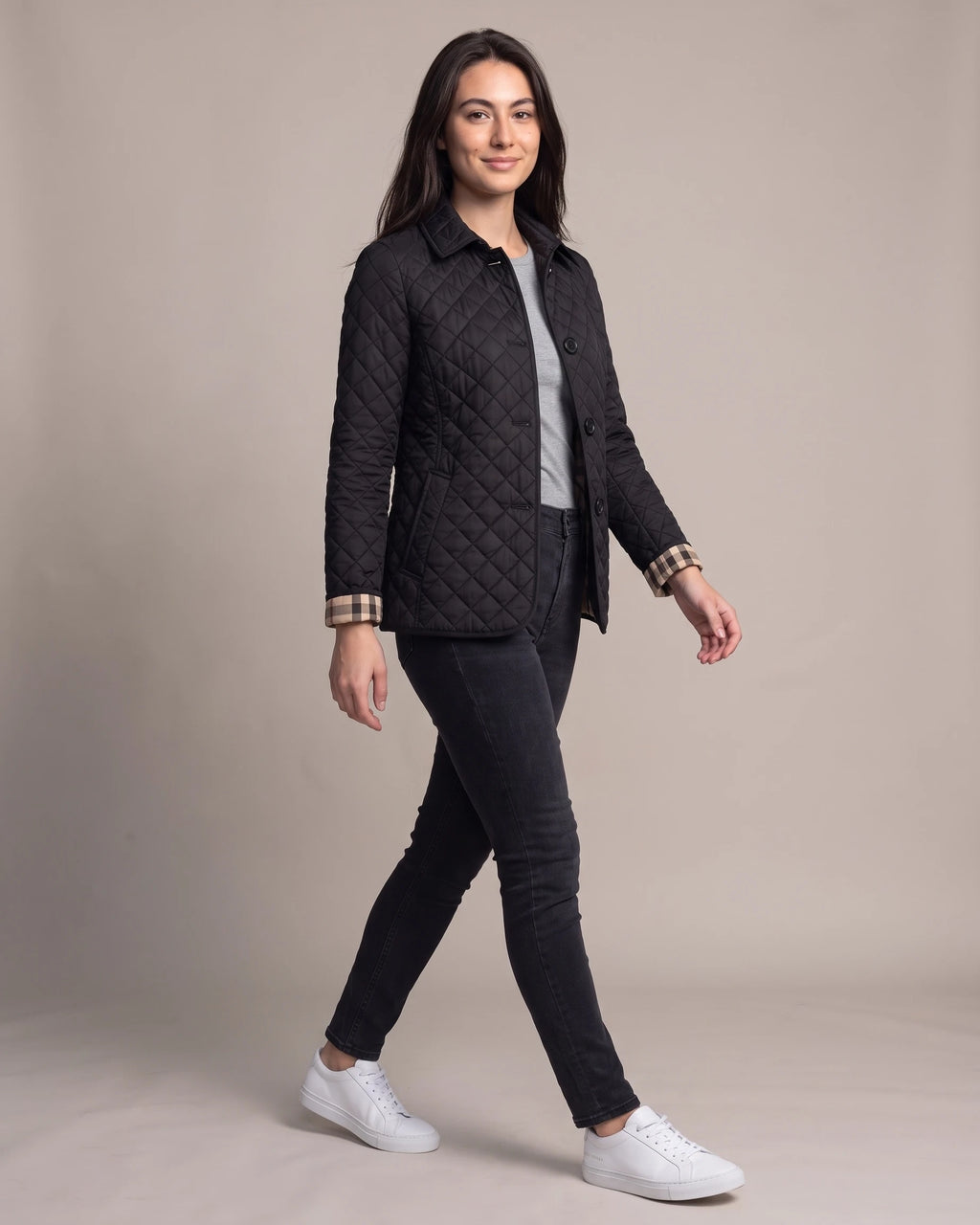 Women's Quilted Jacket, Lightweight with Check Lining and Funnel Collar – Coco