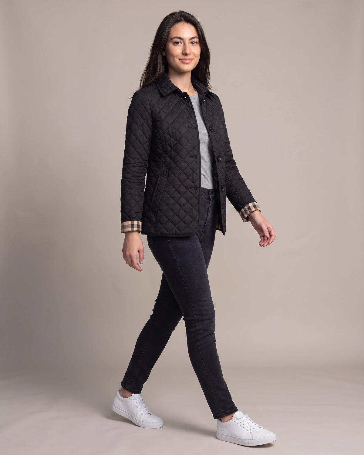 Women's Quilted Jacket, Lightweight with Check Lining and Funnel Collar – Coco