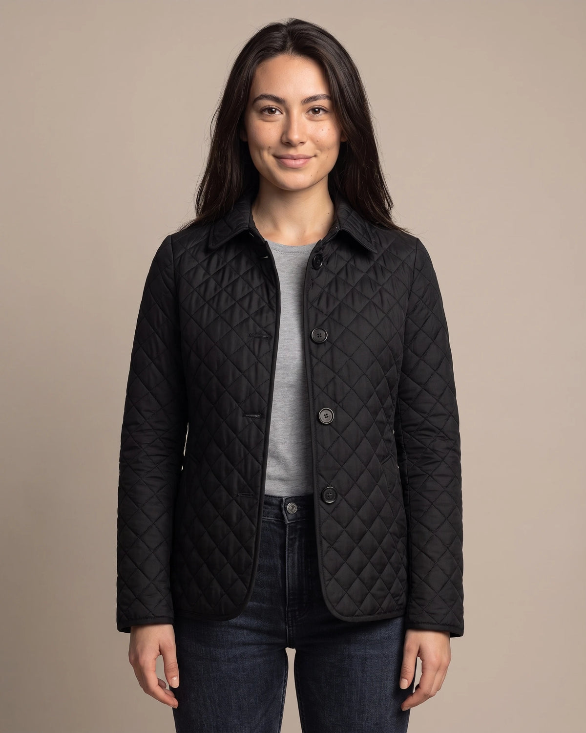 Women's Quilted Jacket, Lightweight with Check Lining and Funnel Collar – Coco