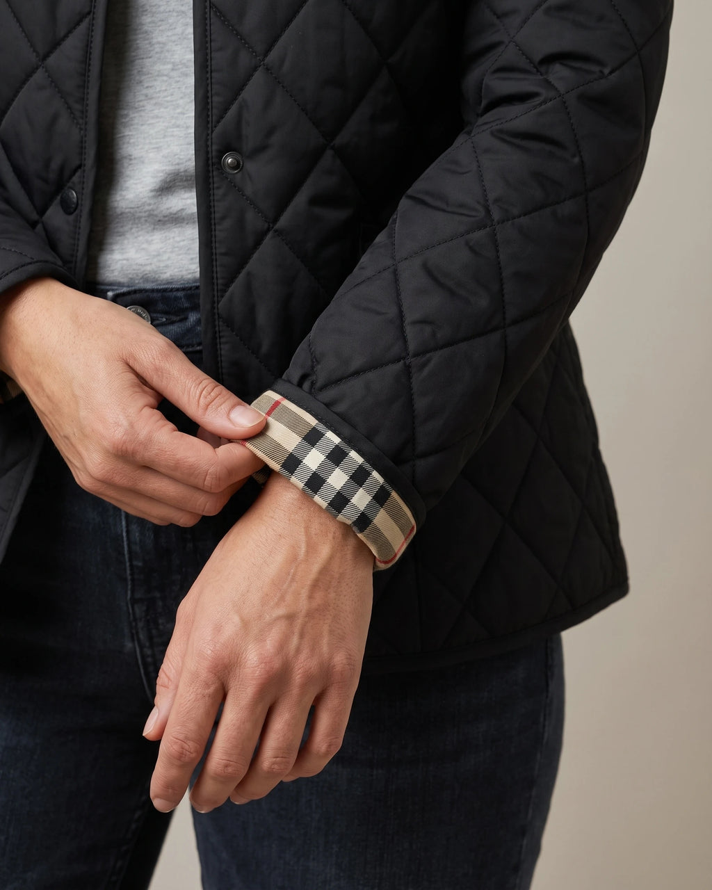 Women's Quilted Jacket, Lightweight with Check Lining and Funnel Collar – Coco