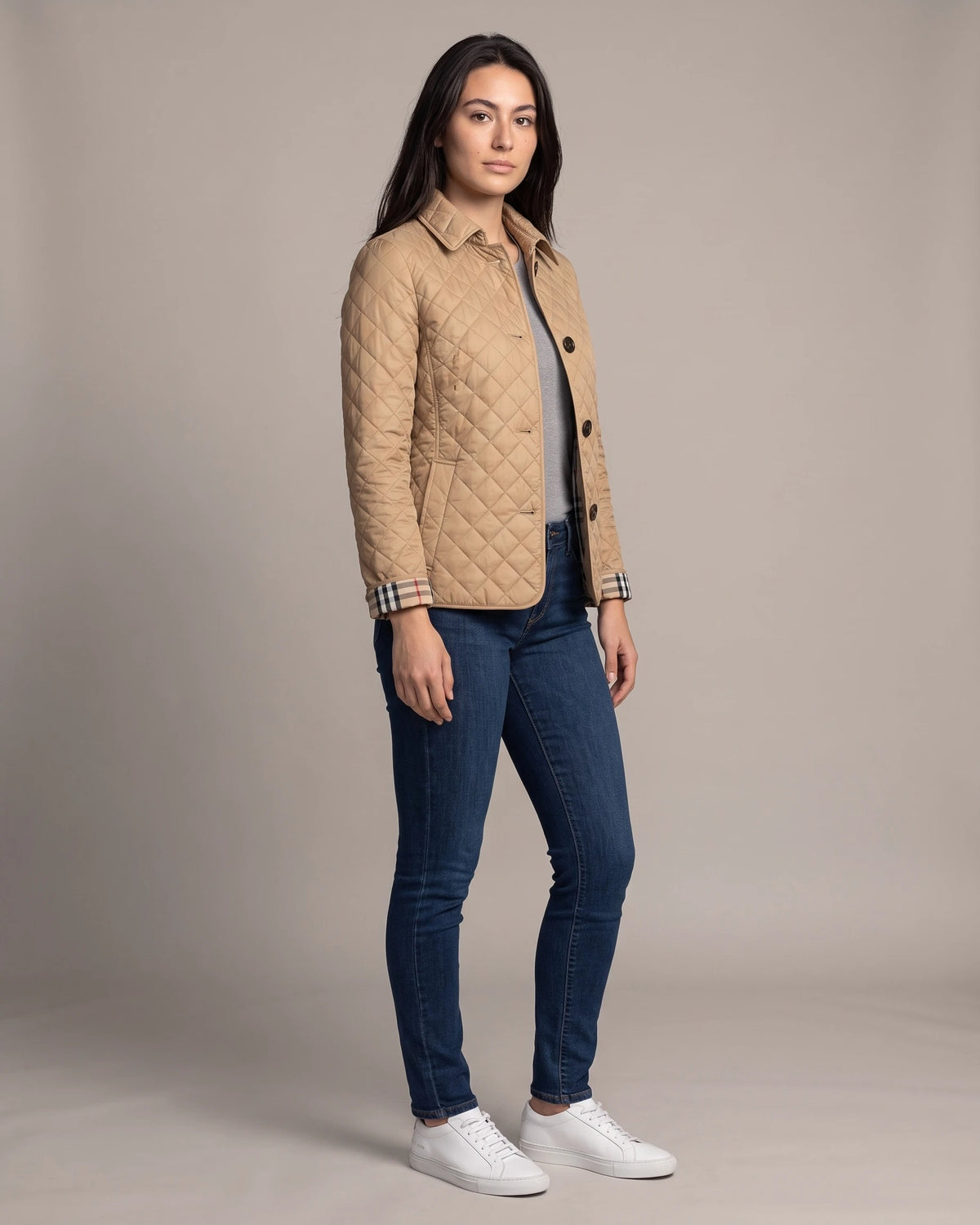 Women's Quilted Jacket, Lightweight with Check Lining and Funnel Collar – Coco