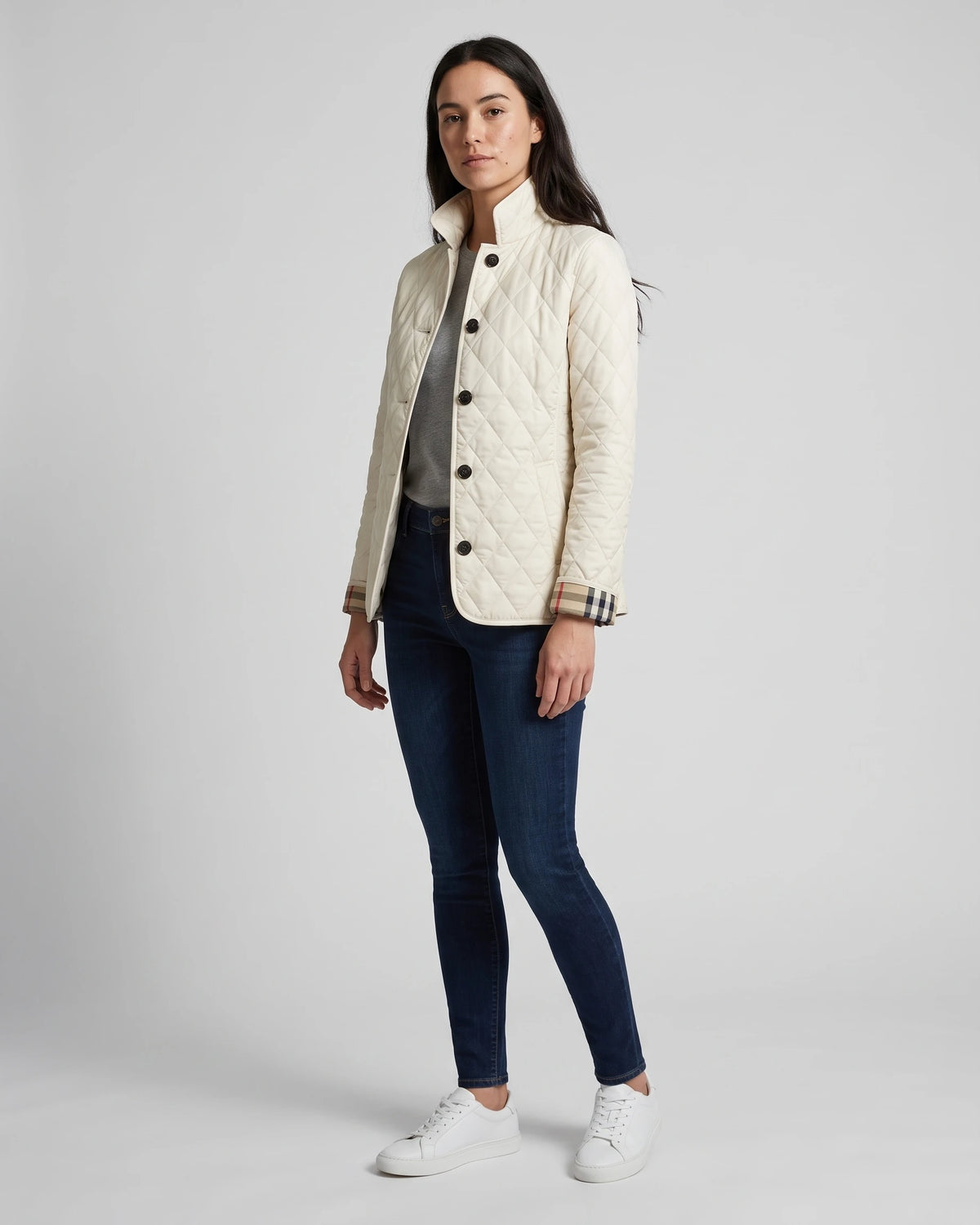 Women's Quilted Jacket, Lightweight with Check Lining and Funnel Collar – Coco