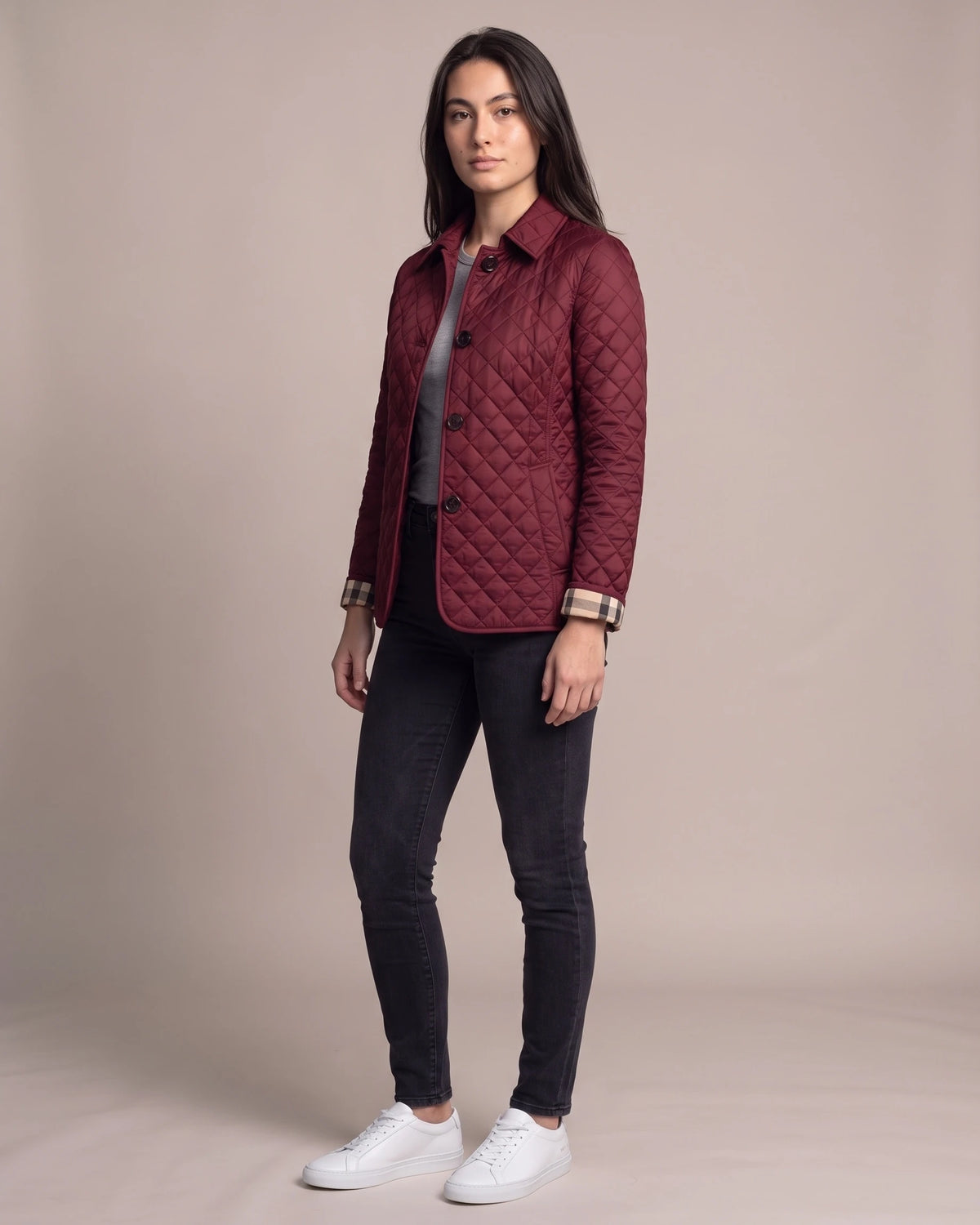 Women's Quilted Jacket, Lightweight with Check Lining and Funnel Collar – Coco