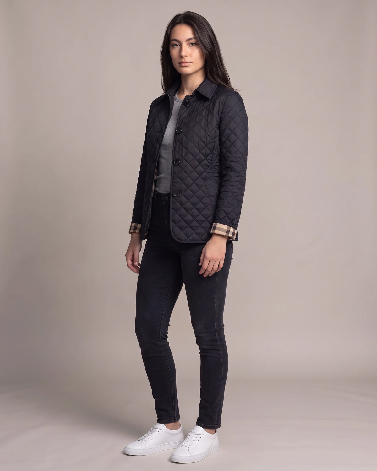 Women's Quilted Jacket, Lightweight with Check Lining and Funnel Collar – Coco
