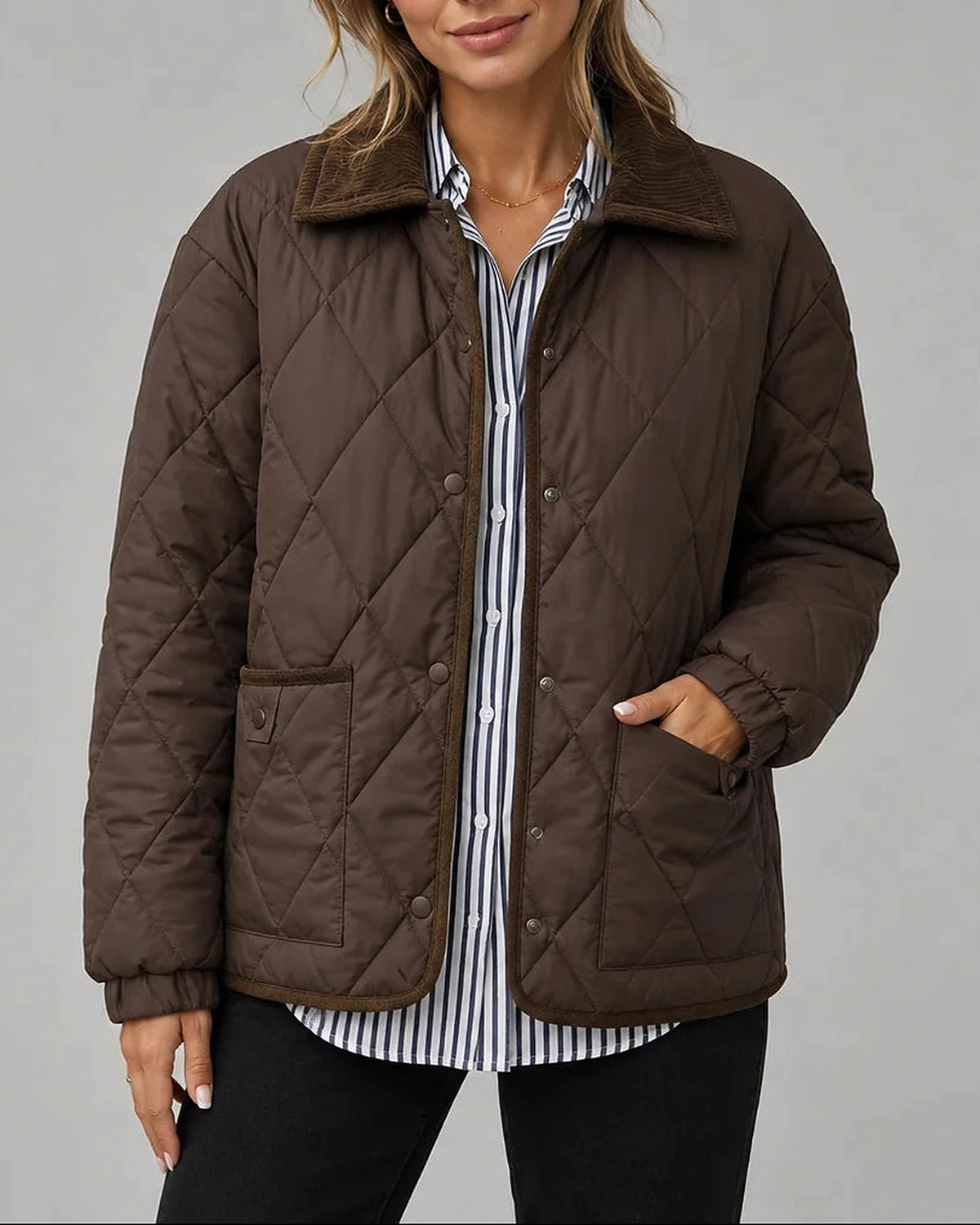 Women's Diamond Quilted Jacket with Corduroy Collar and Patch Pockets – Violet
