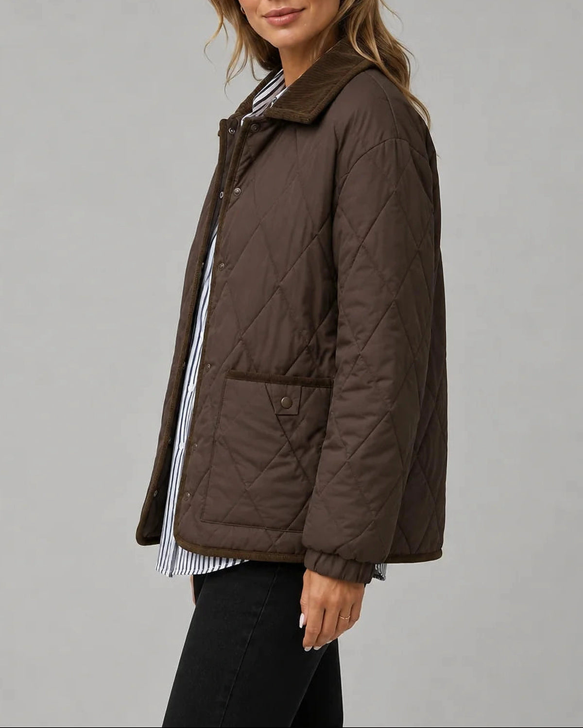 Women's Diamond Quilted Jacket with Corduroy Collar and Patch Pockets – Violet