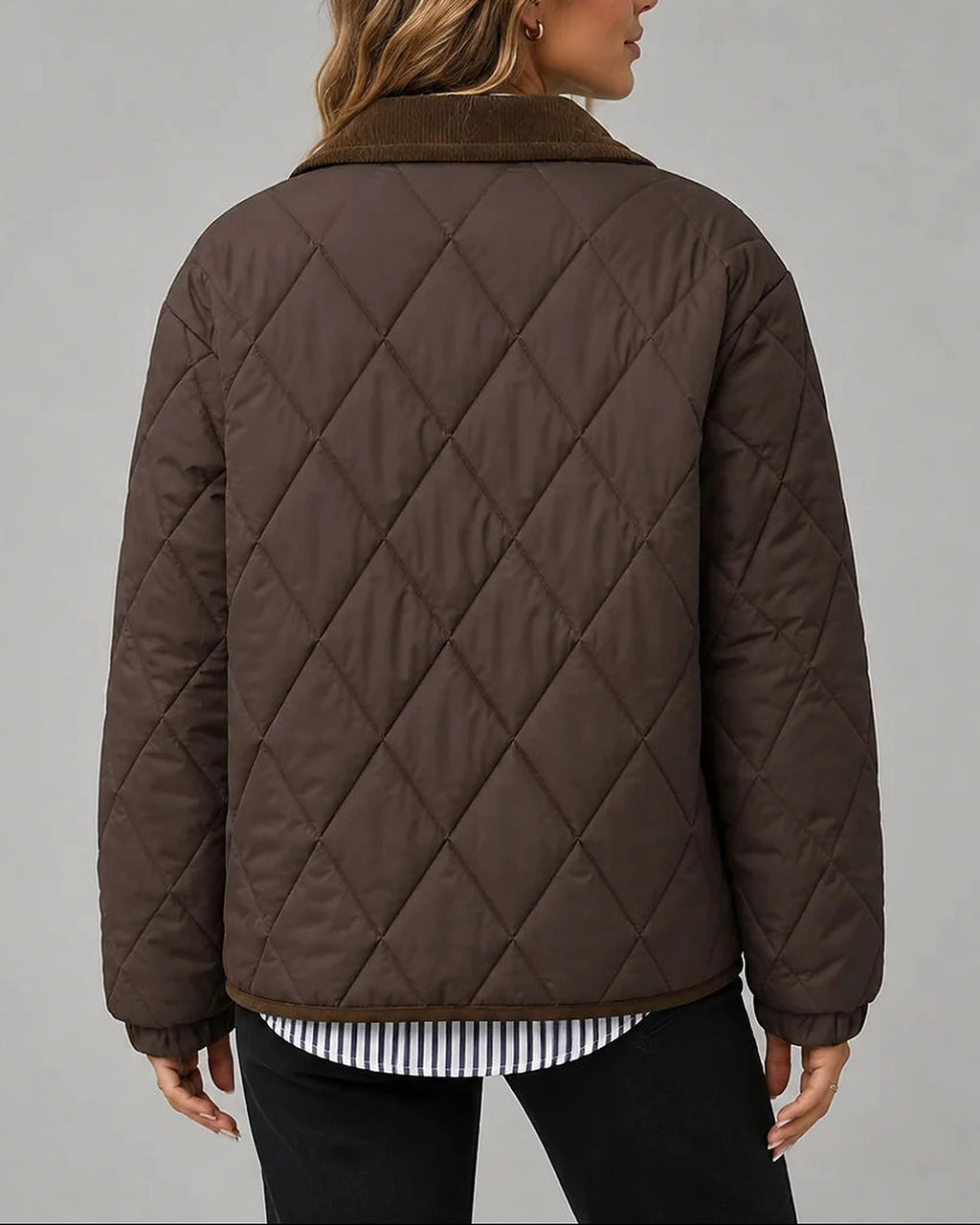 Women's Diamond Quilted Jacket with Corduroy Collar and Patch Pockets – Violet