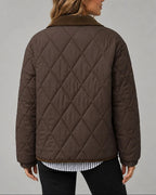 Women's Diamond Quilted Jacket with Corduroy Collar and Patch Pockets – Violet