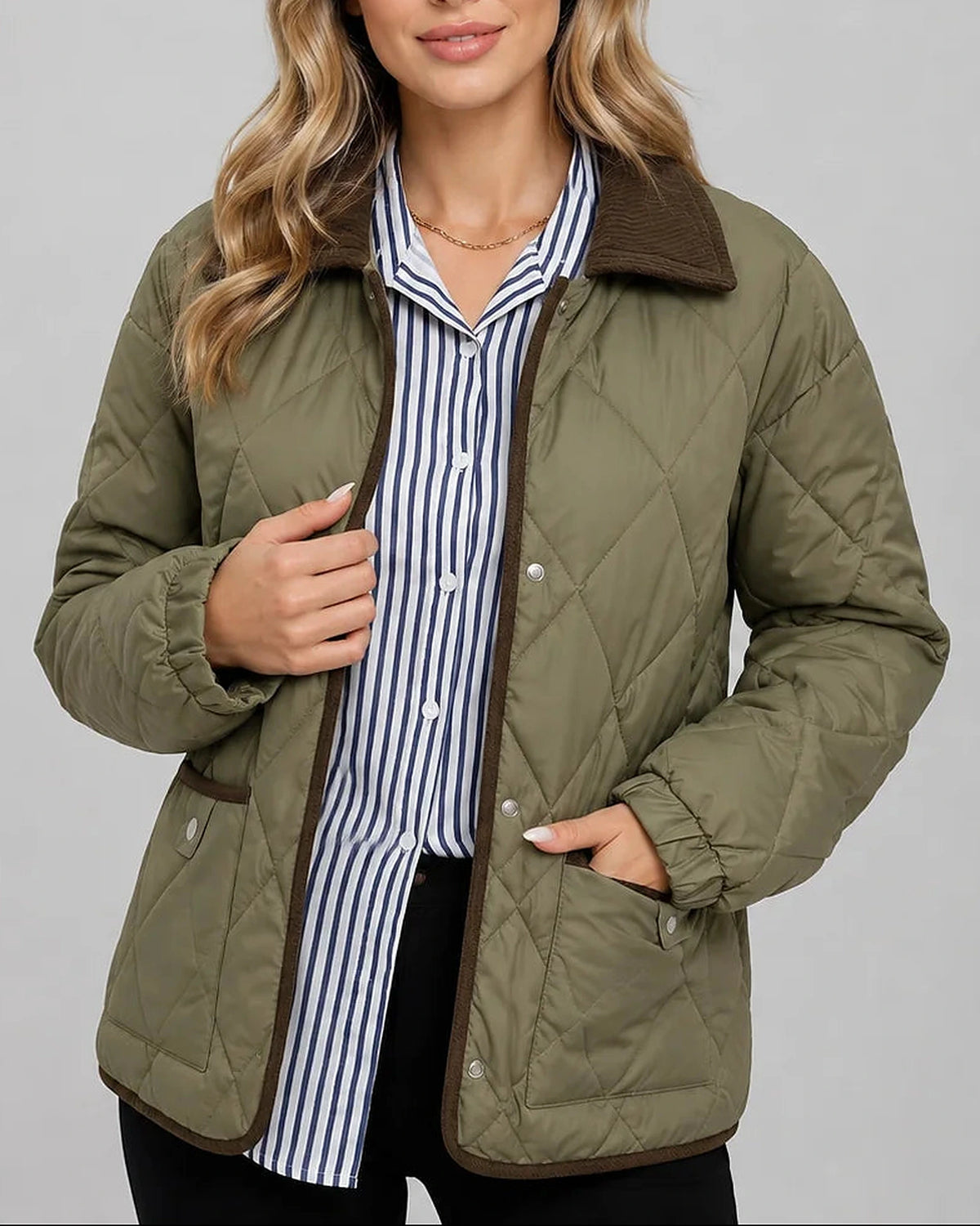 Women's Diamond Quilted Jacket with Corduroy Collar and Patch Pockets – Violet