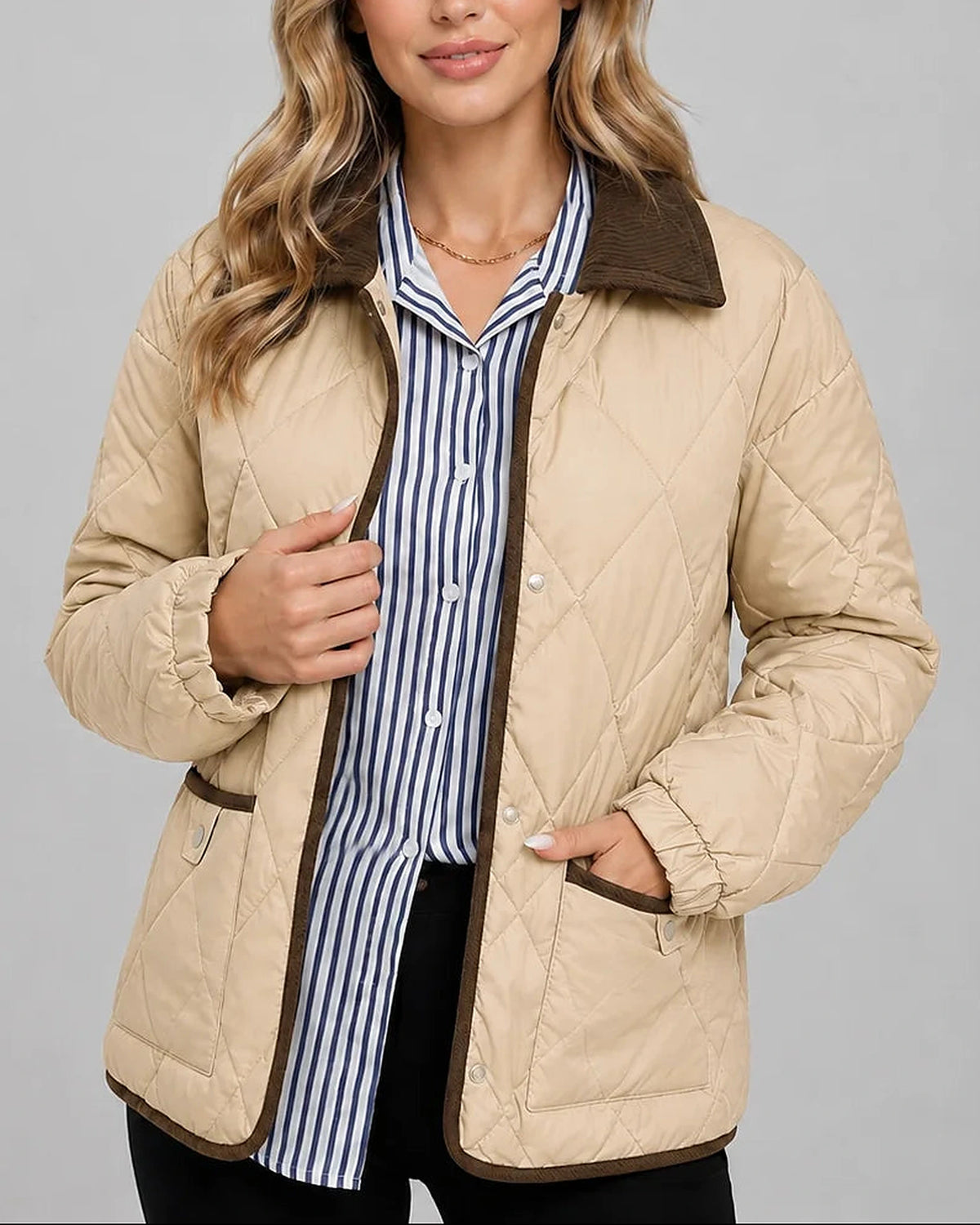 Women's Diamond Quilted Jacket with Corduroy Collar and Patch Pockets – Violet