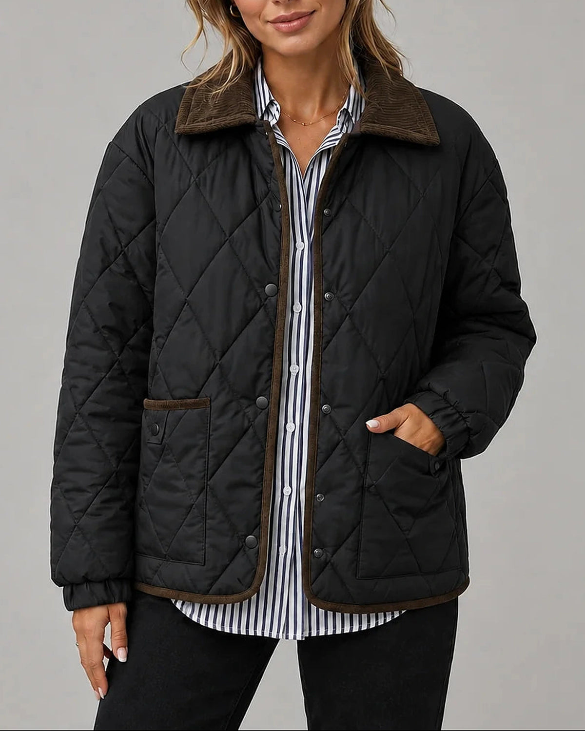 Women's Diamond Quilted Jacket with Corduroy Collar and Patch Pockets – Violet