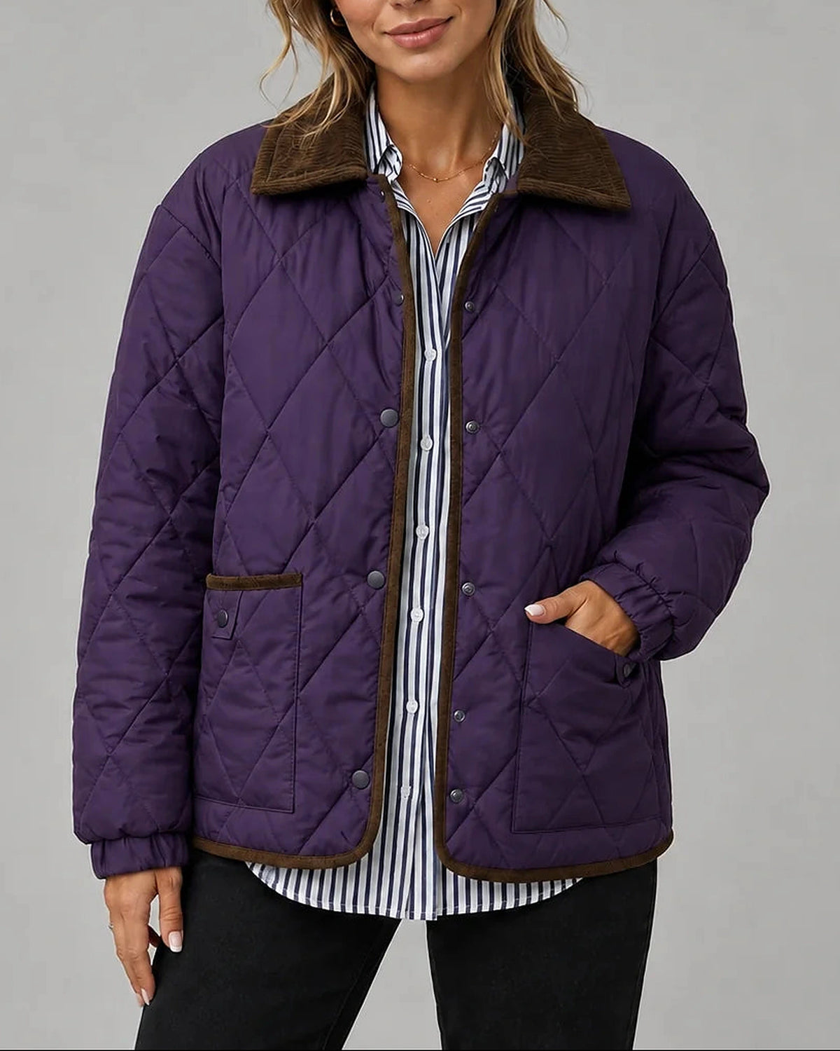Women's Diamond Quilted Jacket with Corduroy Collar and Patch Pockets – Violet