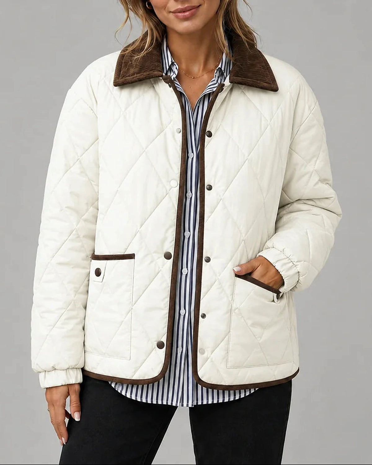 Women's Diamond Quilted Jacket with Corduroy Collar and Patch Pockets – Violet