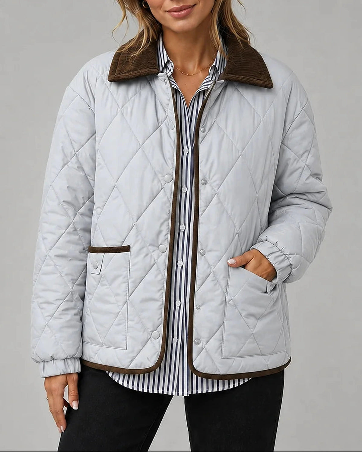 Women's Diamond Quilted Jacket with Corduroy Collar and Patch Pockets – Violet