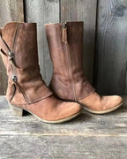 Women's Distressed Leather Fold-Over Mid-Calf Boots with Side Buckle Strap – Darcy Rose