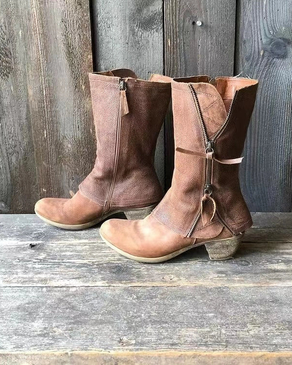 Women's Distressed Leather Fold-Over Mid-Calf Boots with Side Buckle Strap – Darcy Rose