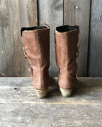 Women's Distressed Leather Fold-Over Mid-Calf Boots with Side Buckle Strap – Darcy Rose