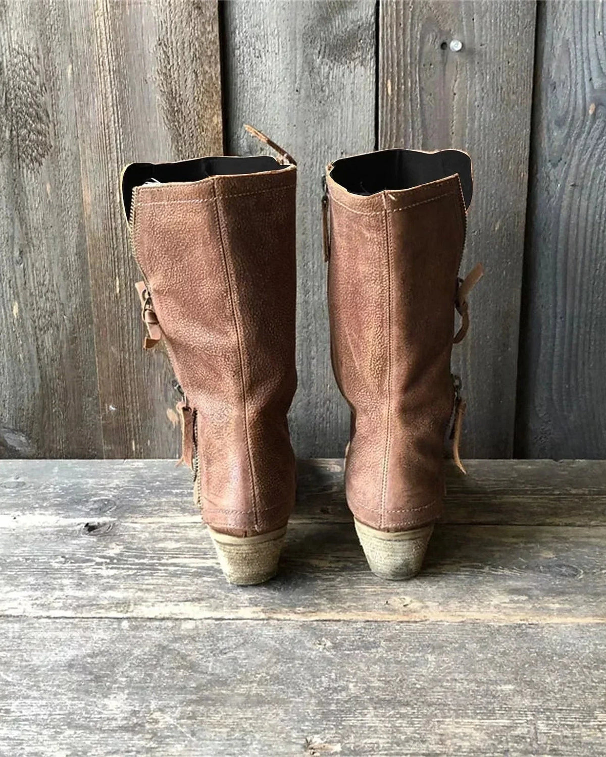 Women's Distressed Leather Fold-Over Mid-Calf Boots with Side Buckle Strap – Darcy Rose