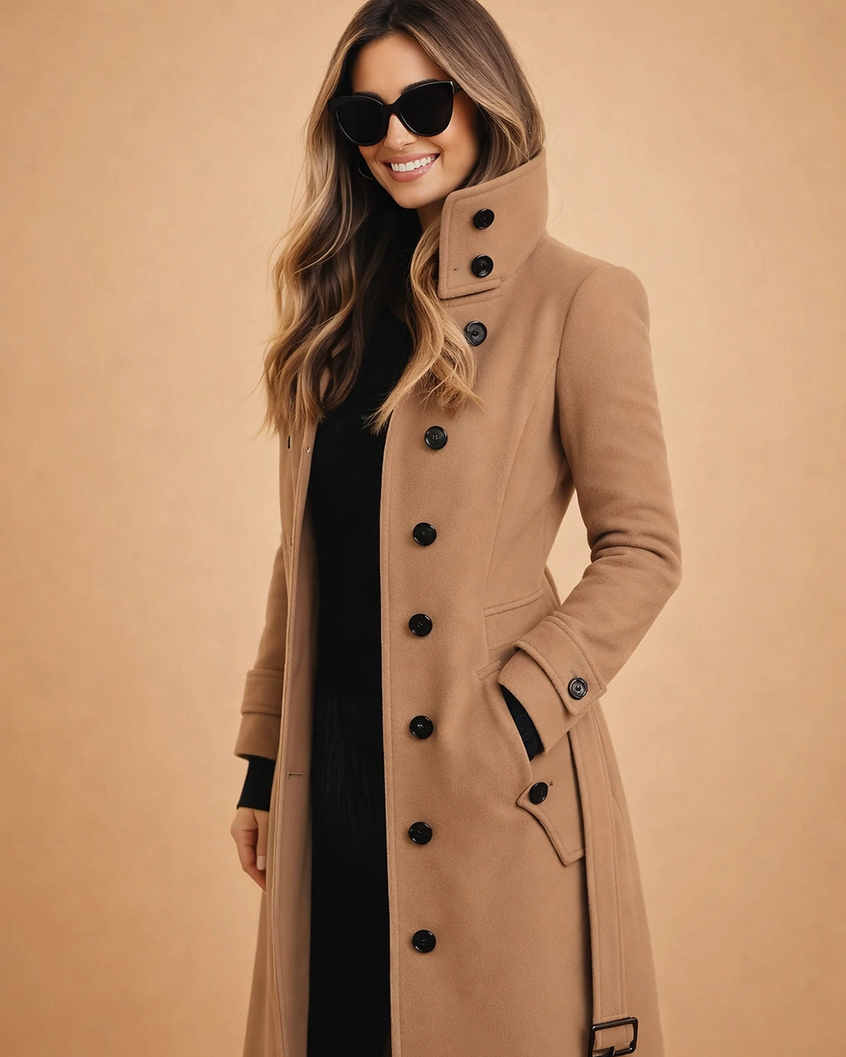 Women's Coat with Belt and Stand Collar, Double Breasted Wool Military Style for Winter – Eliza Jane